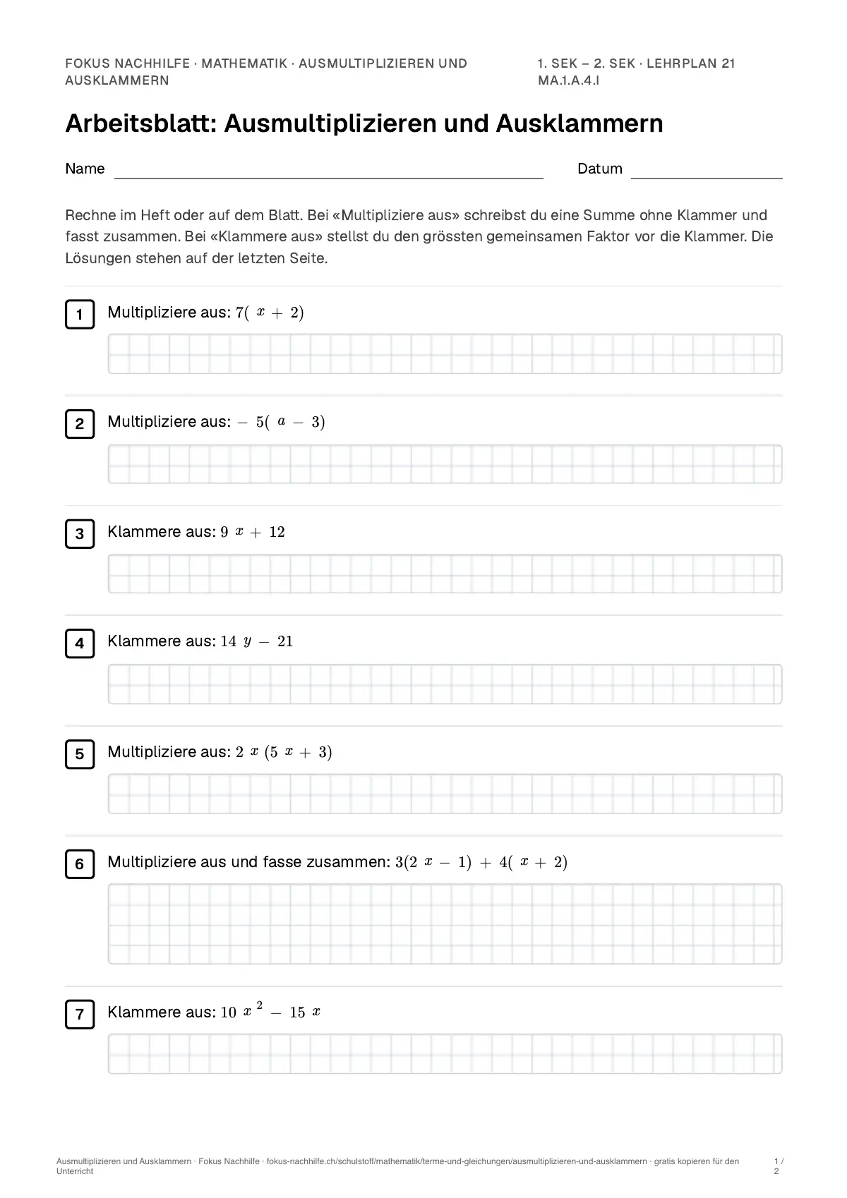 Arbeitsblatt Ausmultiplizieren und Ausklammern zum Ausfüllen mit Name und Datum: erste Seite, mit Lösungsblatt