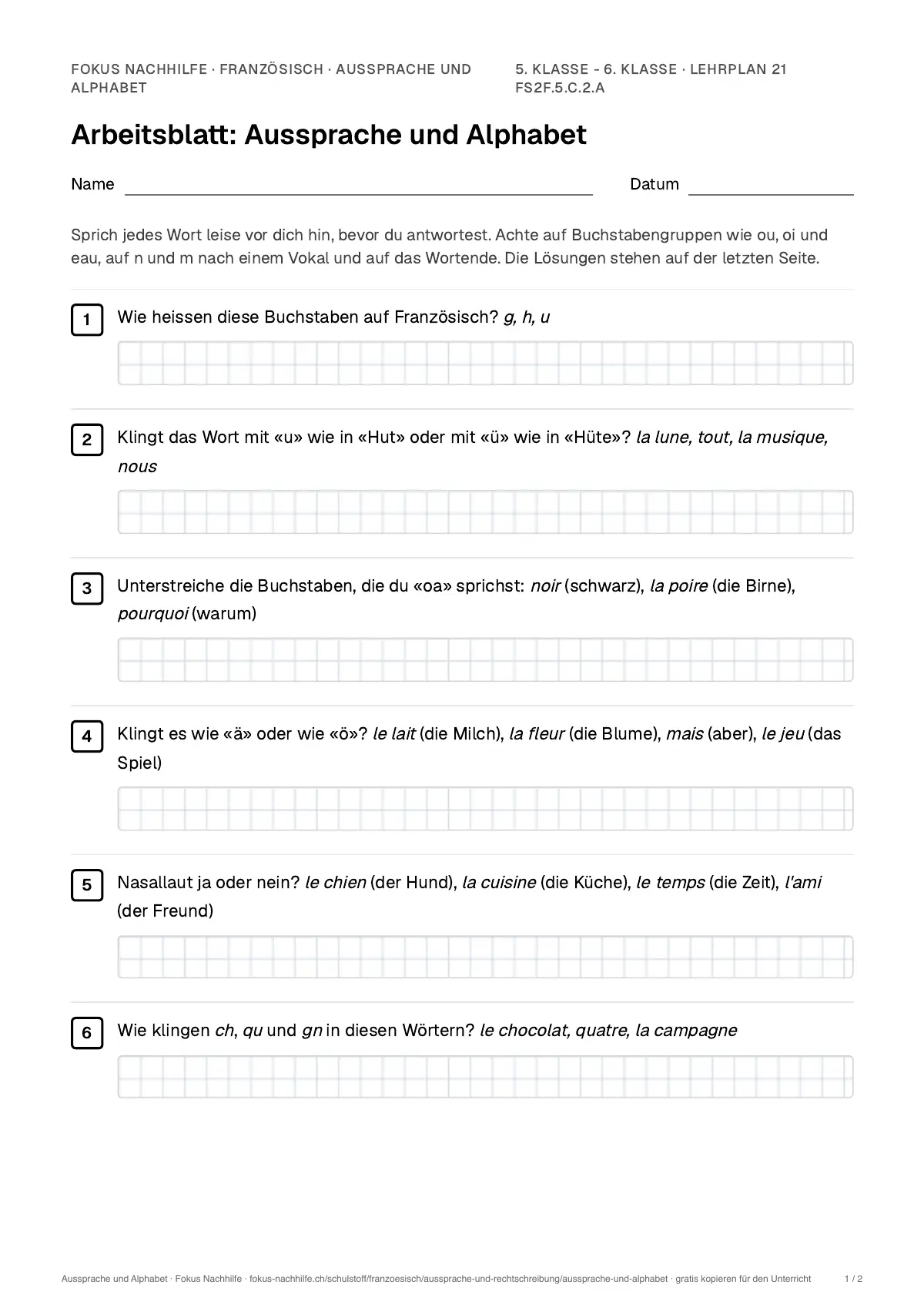 Arbeitsblatt Aussprache und Alphabet zum Ausfüllen mit Name und Datum: erste Seite, mit Lösungsblatt