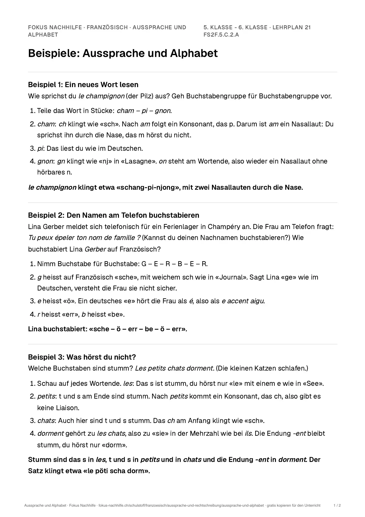 Beispiele Aussprache und Alphabet zum Ausdrucken: erste Seite, Aufgaben Schritt für Schritt gelöst
