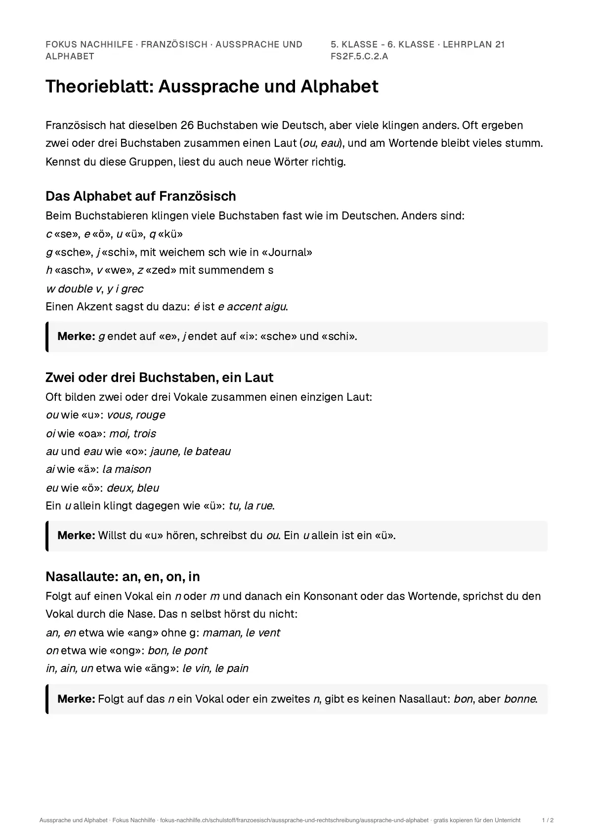 Theorieblatt Aussprache und Alphabet zum Ausdrucken: erste Seite der Erklärung