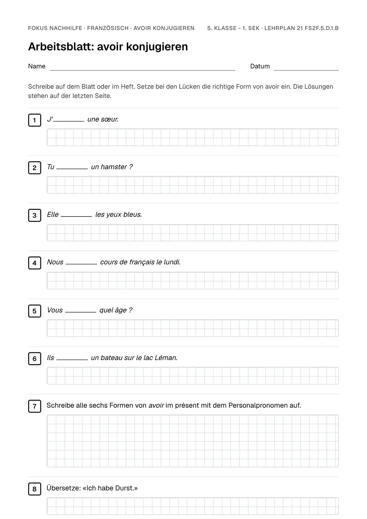 Arbeitsblatt avoir konjugieren zum Ausfüllen mit Name und Datum: erste Seite, mit Lösungsblatt
