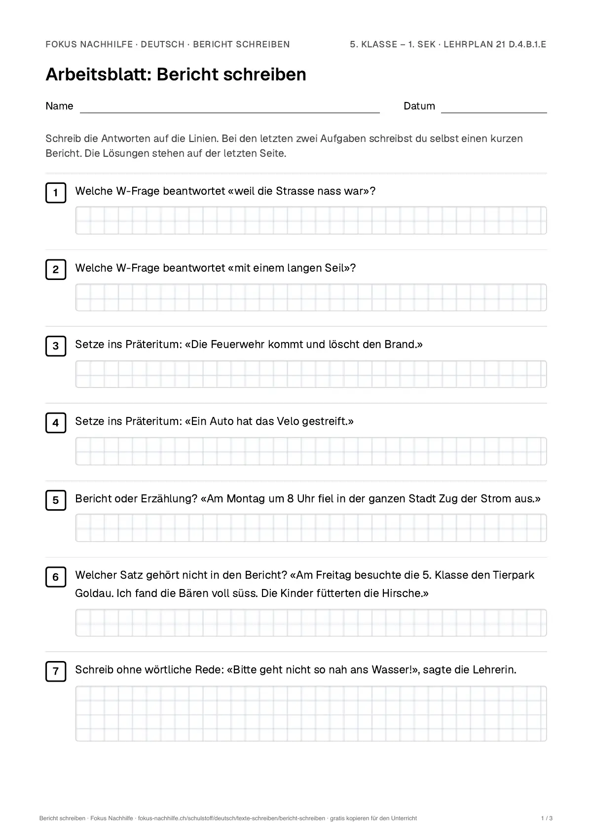 Arbeitsblatt Bericht schreiben zum Ausfüllen mit Name und Datum: erste Seite, mit Lösungsblatt