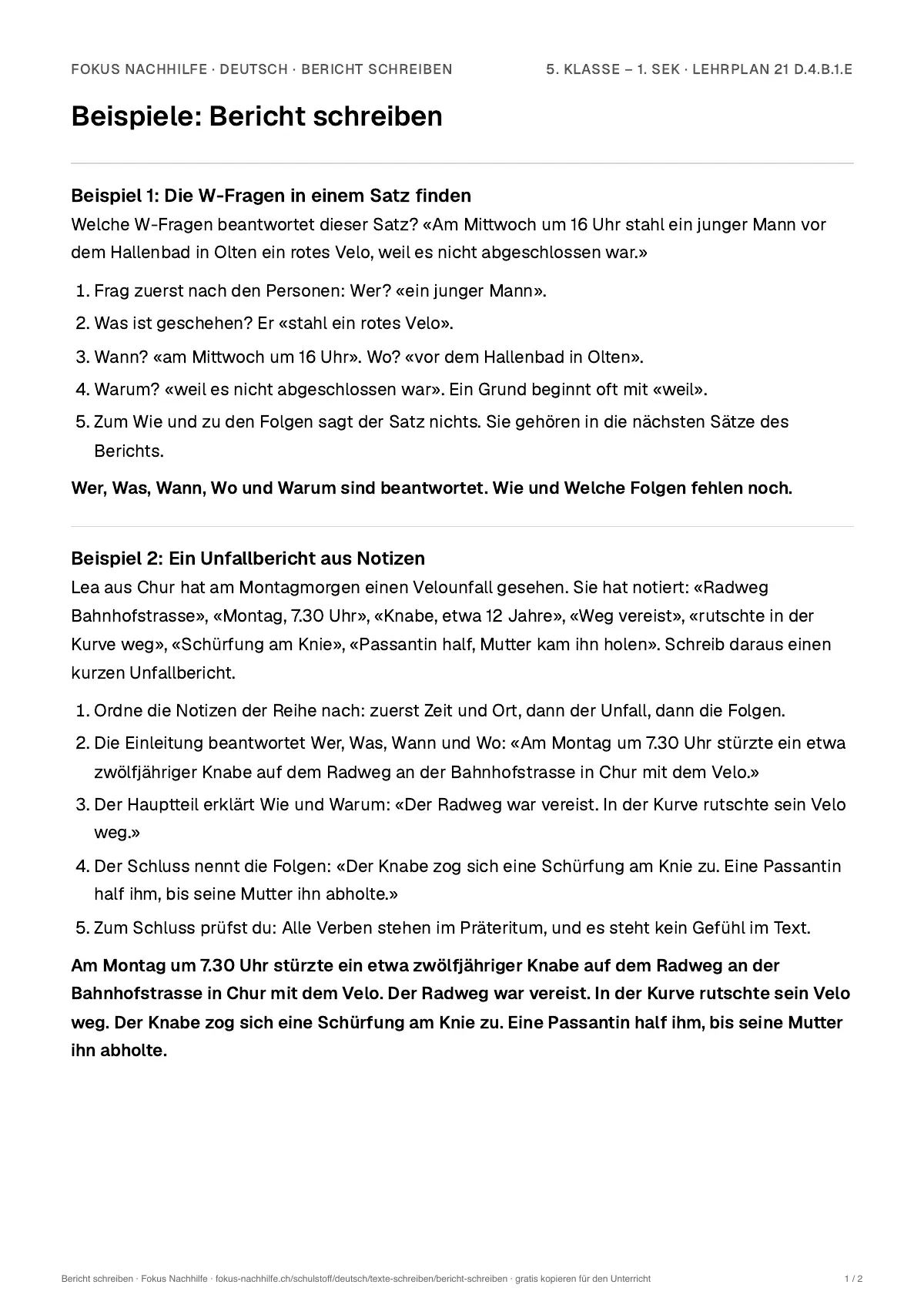 Beispiele Bericht schreiben zum Ausdrucken: erste Seite, Aufgaben Schritt für Schritt gelöst