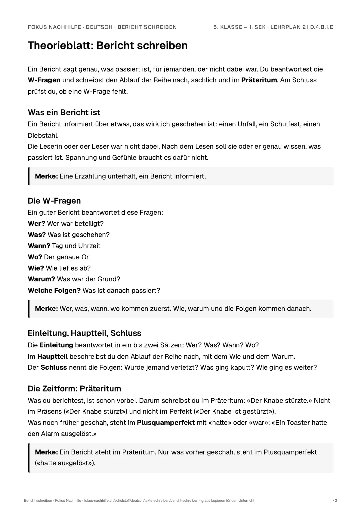 Theorieblatt Bericht schreiben zum Ausdrucken: erste Seite der Erklärung