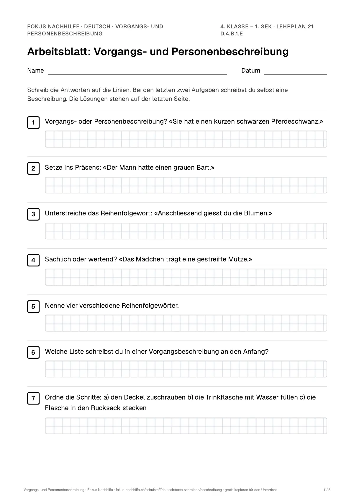 Arbeitsblatt Vorgangs- und Personenbeschreibung zum Ausfüllen mit Name und Datum: erste Seite, mit Lösungsblatt