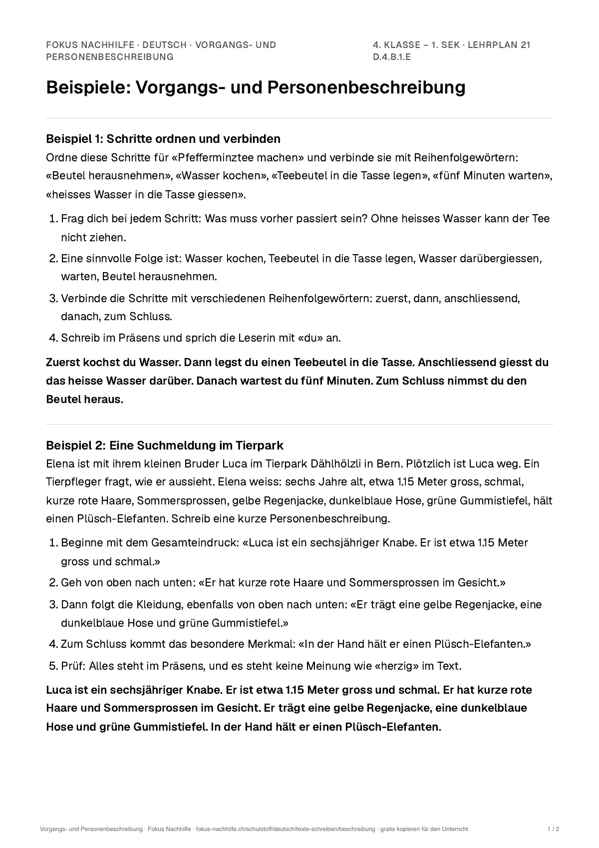 Beispiele Vorgangs- und Personenbeschreibung zum Ausdrucken: erste Seite, Aufgaben Schritt für Schritt gelöst