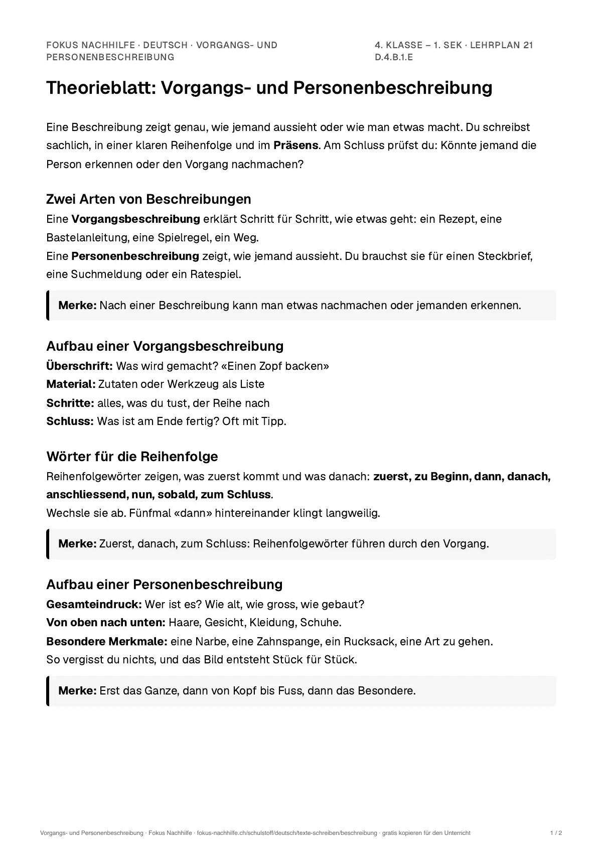 Theorieblatt Vorgangs- und Personenbeschreibung zum Ausdrucken: erste Seite der Erklärung