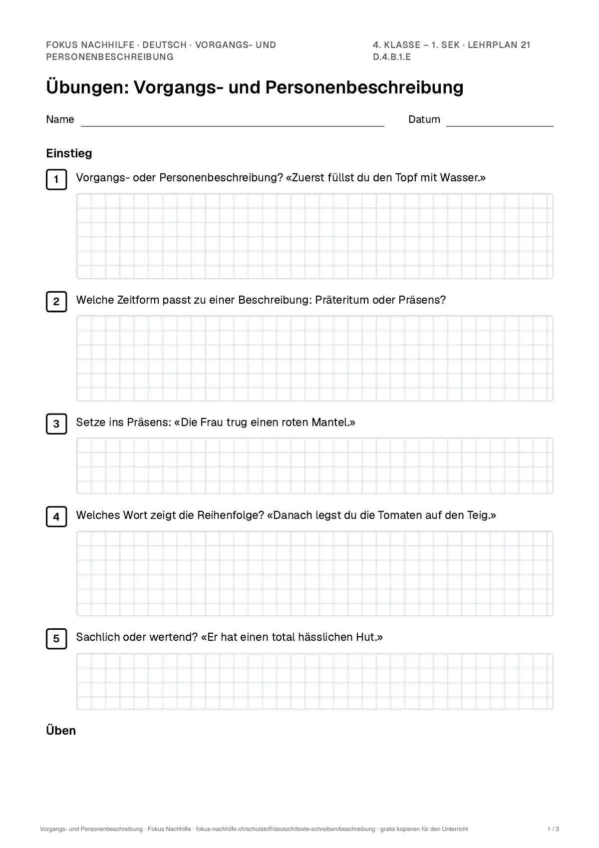 Übungsblatt Vorgangs- und Personenbeschreibung zum Ausdrucken: erste Seite der Übungen, Lösungen auf eigenem Blatt