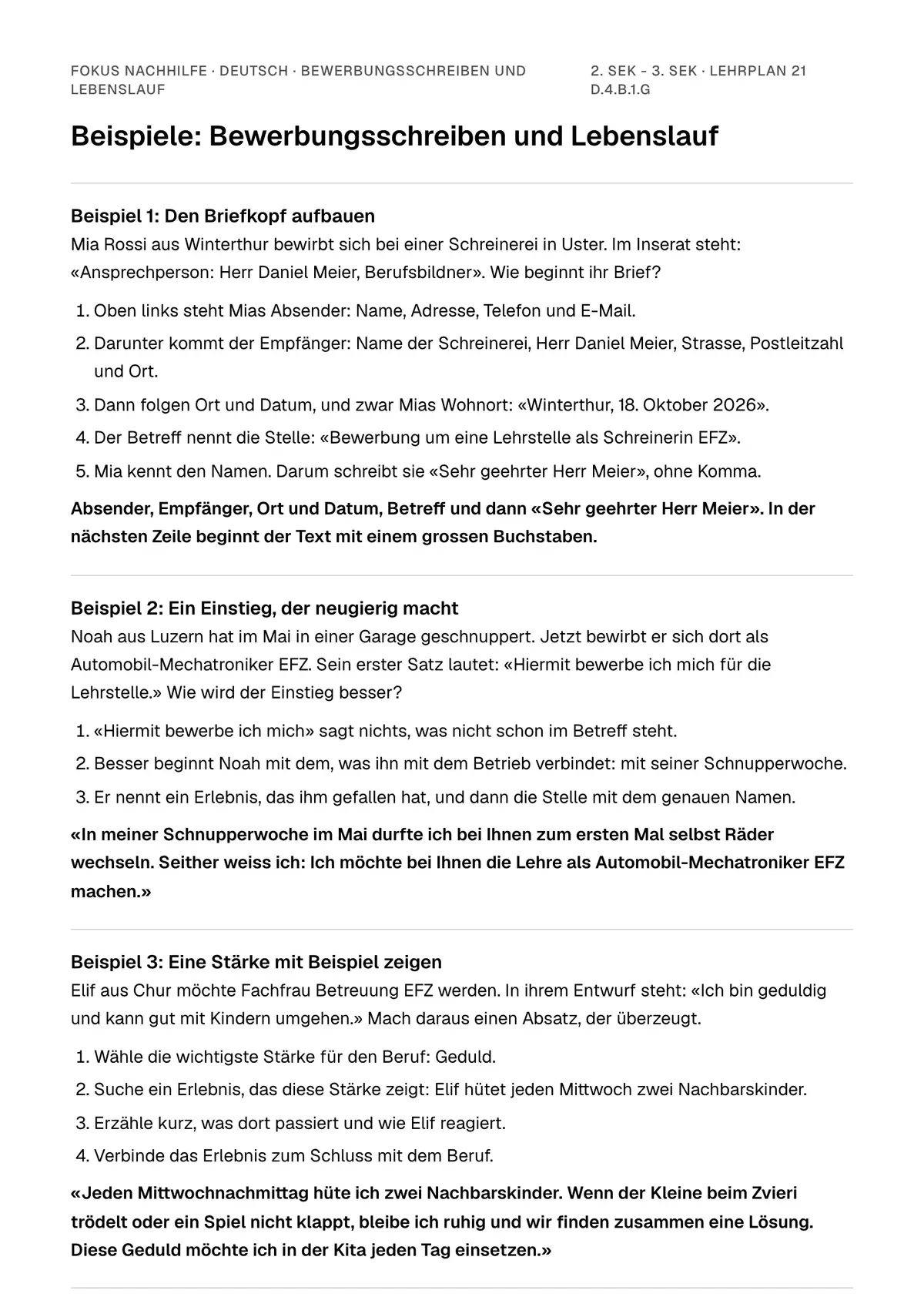 Beispiele Bewerbungsschreiben und Lebenslauf zum Ausdrucken: erste Seite, Aufgaben Schritt für Schritt gelöst