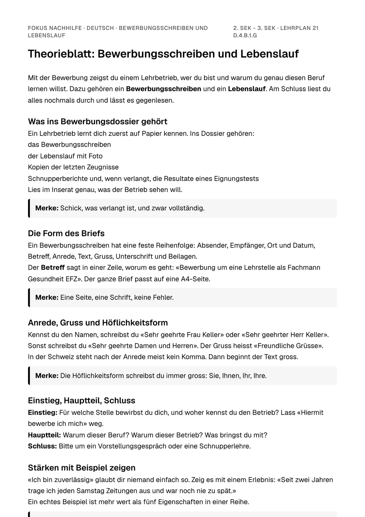 Theorieblatt Bewerbungsschreiben und Lebenslauf zum Ausdrucken: erste Seite der Erklärung