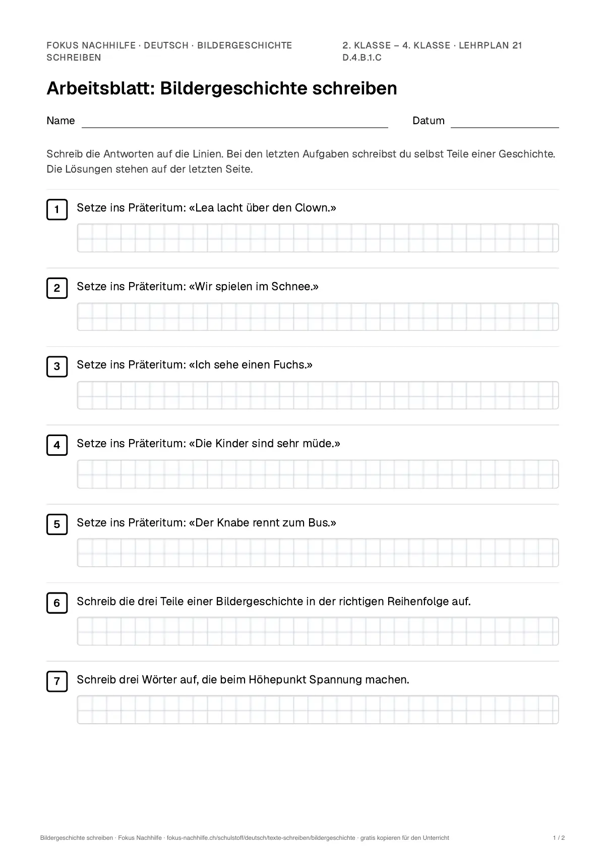 Arbeitsblatt Bildergeschichte schreiben zum Ausfüllen mit Name und Datum: erste Seite, mit Lösungsblatt