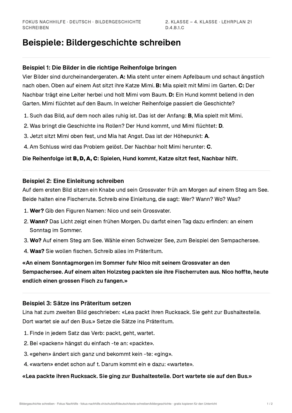 Beispiele Bildergeschichte schreiben zum Ausdrucken: erste Seite, Aufgaben Schritt für Schritt gelöst