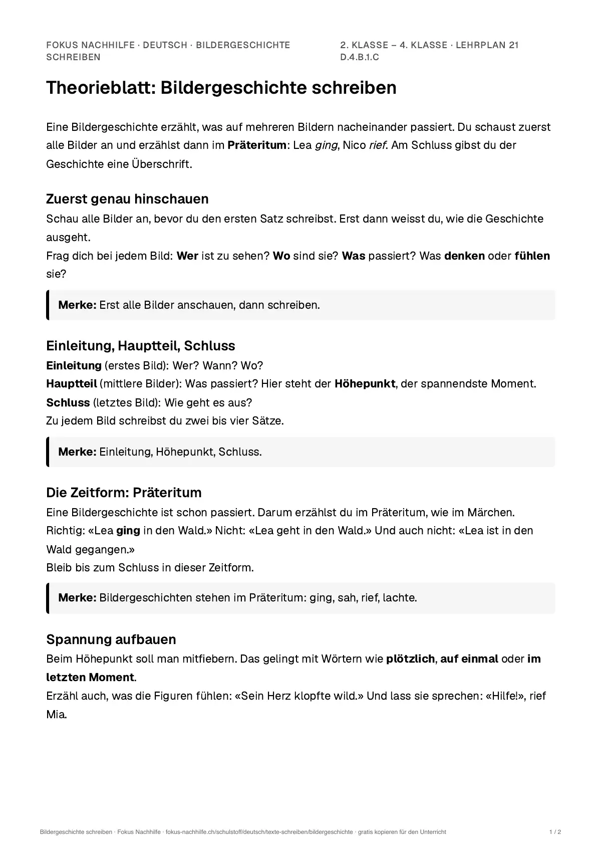 Theorieblatt Bildergeschichte schreiben zum Ausdrucken: erste Seite der Erklärung