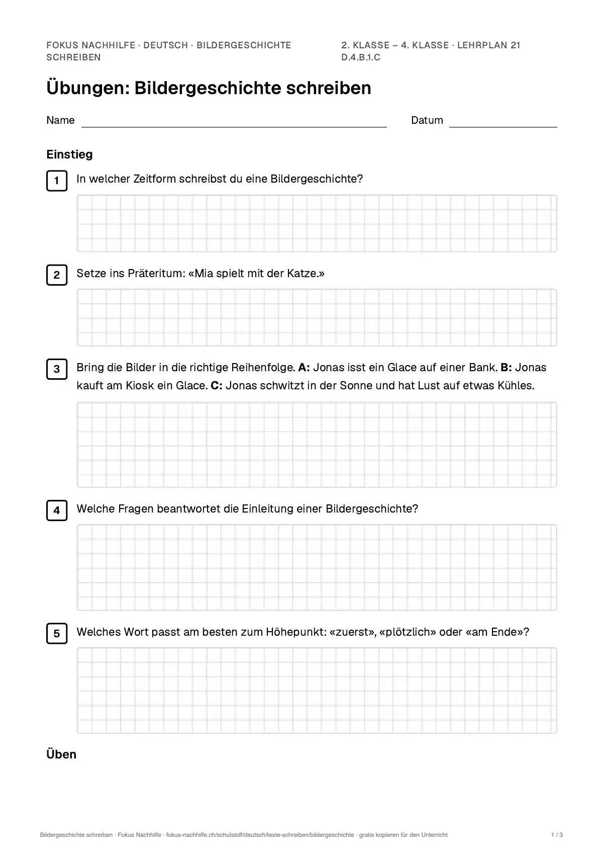 Übungsblatt Bildergeschichte schreiben zum Ausdrucken: erste Seite der Übungen, Lösungen auf eigenem Blatt
