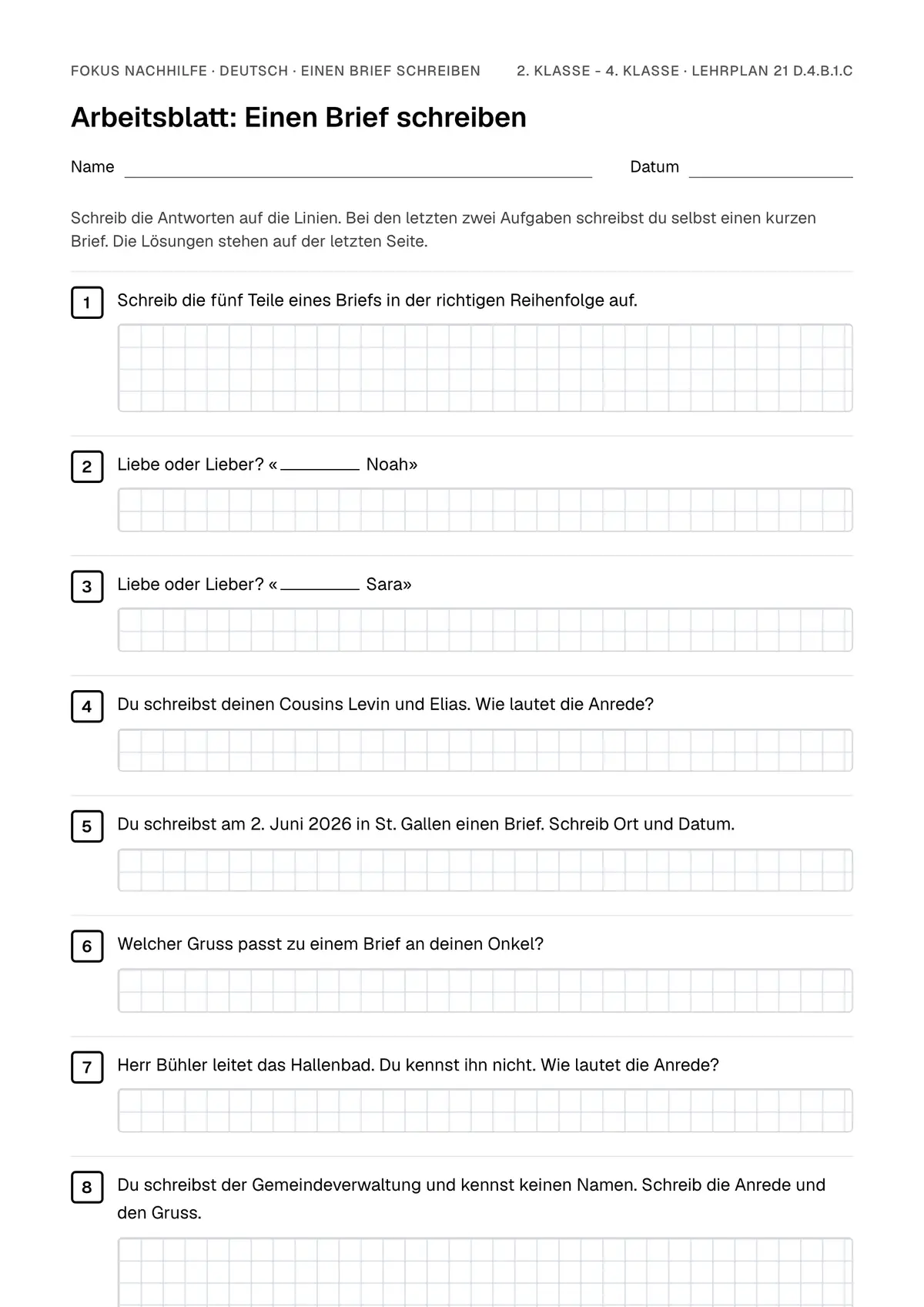 Arbeitsblatt Einen Brief schreiben zum Ausfüllen mit Name und Datum: erste Seite, mit Lösungsblatt