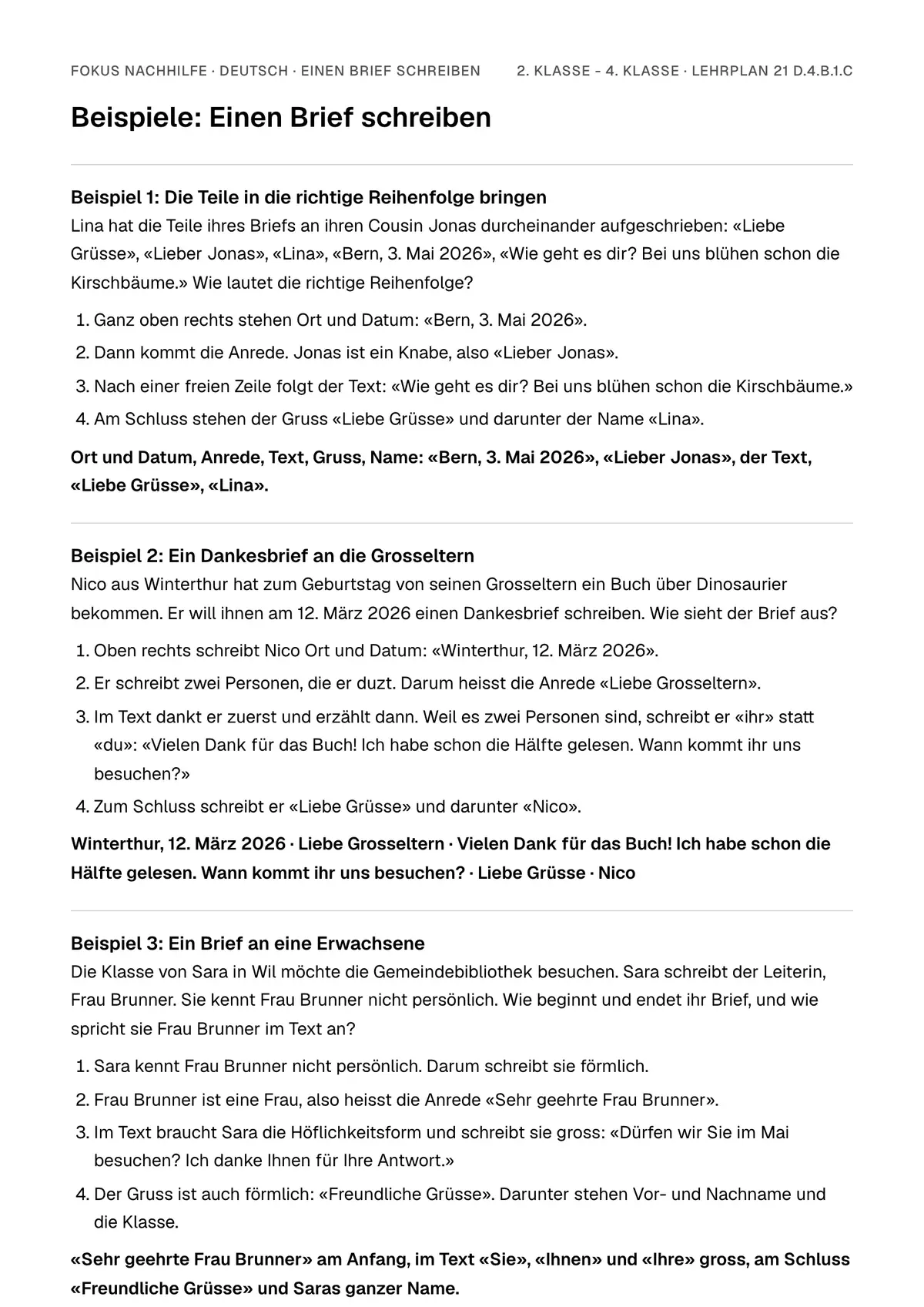 Beispiele Einen Brief schreiben zum Ausdrucken: erste Seite, Aufgaben Schritt für Schritt gelöst