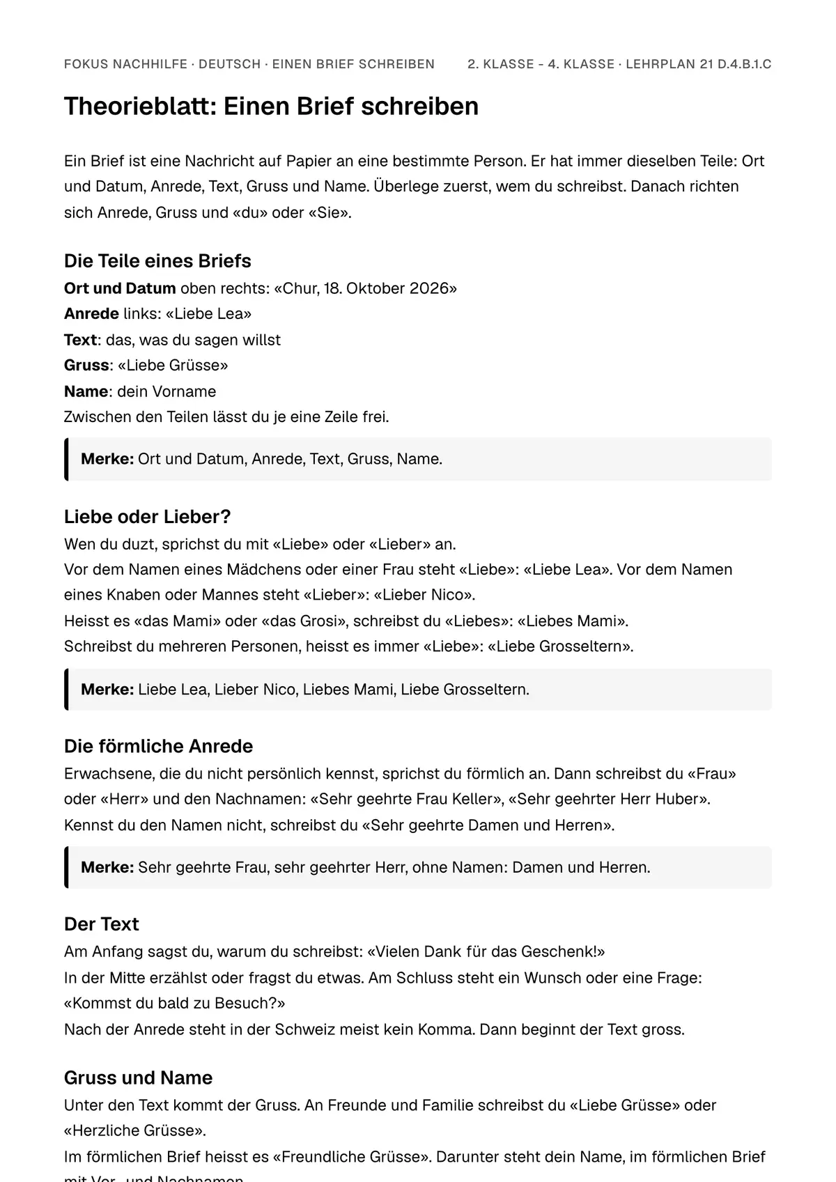 Theorieblatt Einen Brief schreiben zum Ausdrucken: erste Seite der Erklärung