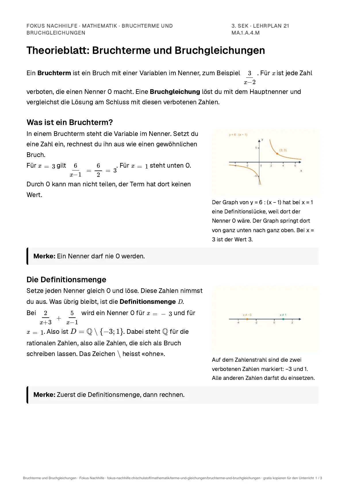 Theorieblatt Bruchterme und Bruchgleichungen zum Ausdrucken: erste Seite der Erklärung