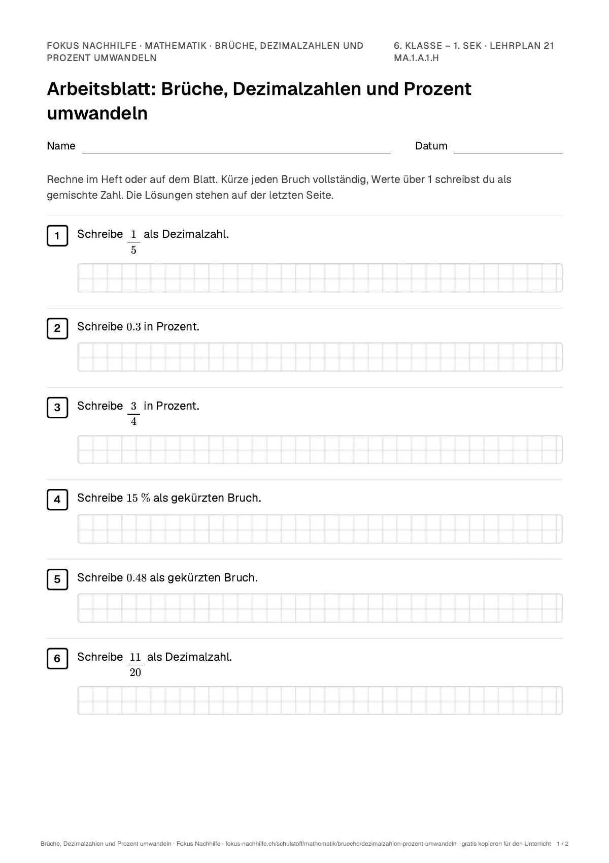 Arbeitsblatt Brüche, Dezimalzahlen und Prozent umwandeln zum Ausfüllen mit Name und Datum: erste Seite, mit Lösungsblatt