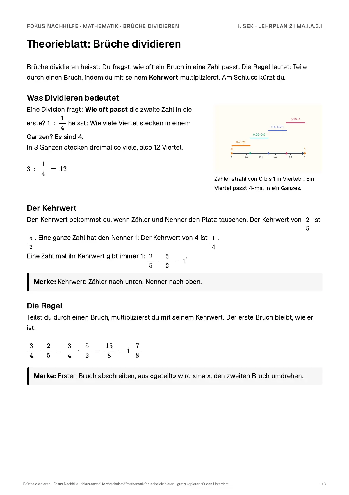 Theorieblatt Brüche dividieren zum Ausdrucken: erste Seite der Erklärung