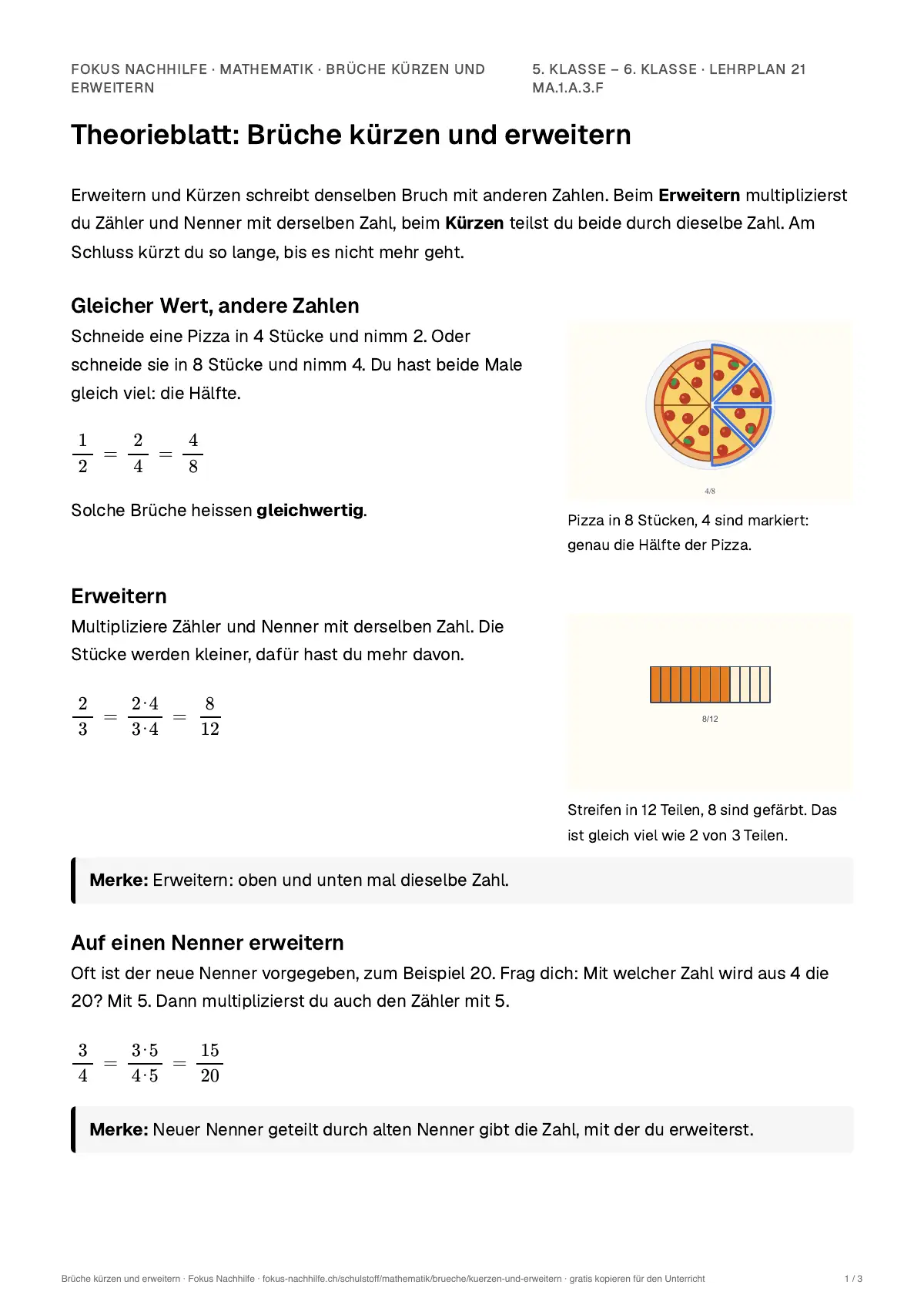 Theorieblatt Brüche kürzen und erweitern zum Ausdrucken: erste Seite der Erklärung