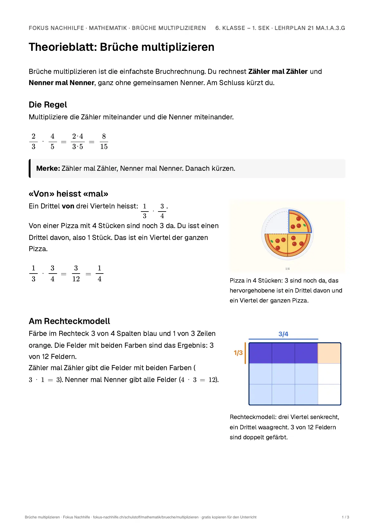 Theorieblatt Brüche multiplizieren zum Ausdrucken: erste Seite der Erklärung