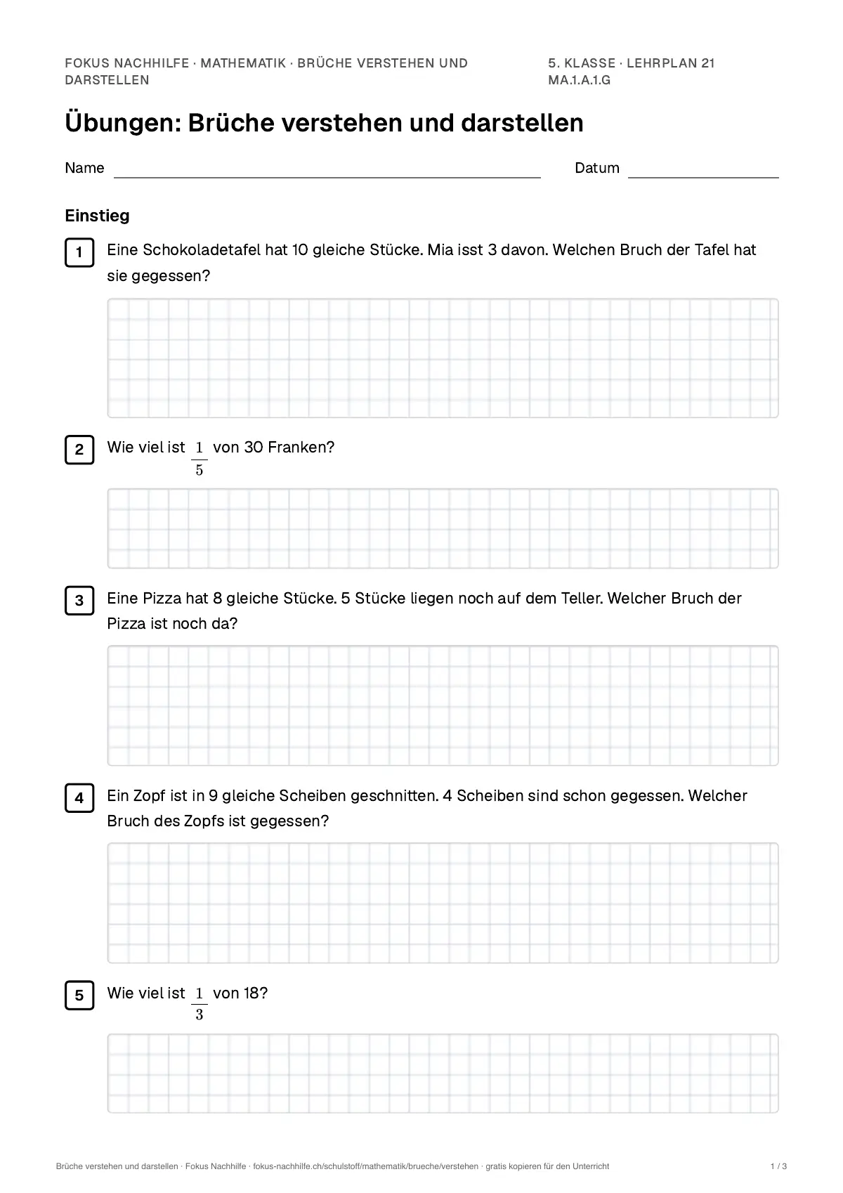 Übungsblatt Brüche verstehen und darstellen zum Ausdrucken: erste Seite der Übungen, Lösungen auf eigenem Blatt