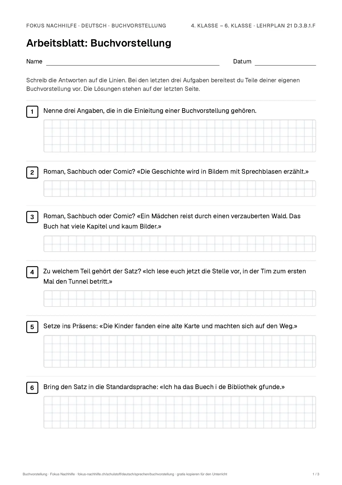 Arbeitsblatt Buchvorstellung zum Ausfüllen mit Name und Datum: erste Seite, mit Lösungsblatt