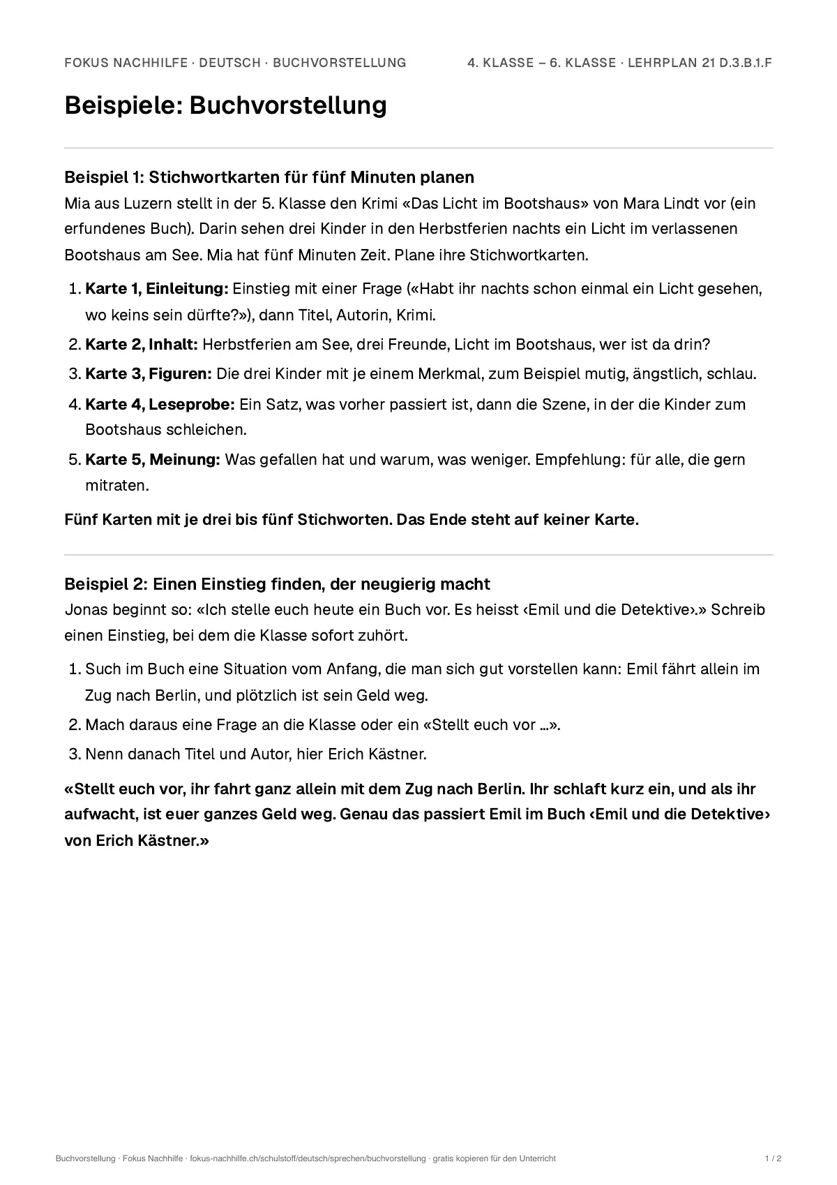 Beispiele Buchvorstellung zum Ausdrucken: erste Seite, Aufgaben Schritt für Schritt gelöst