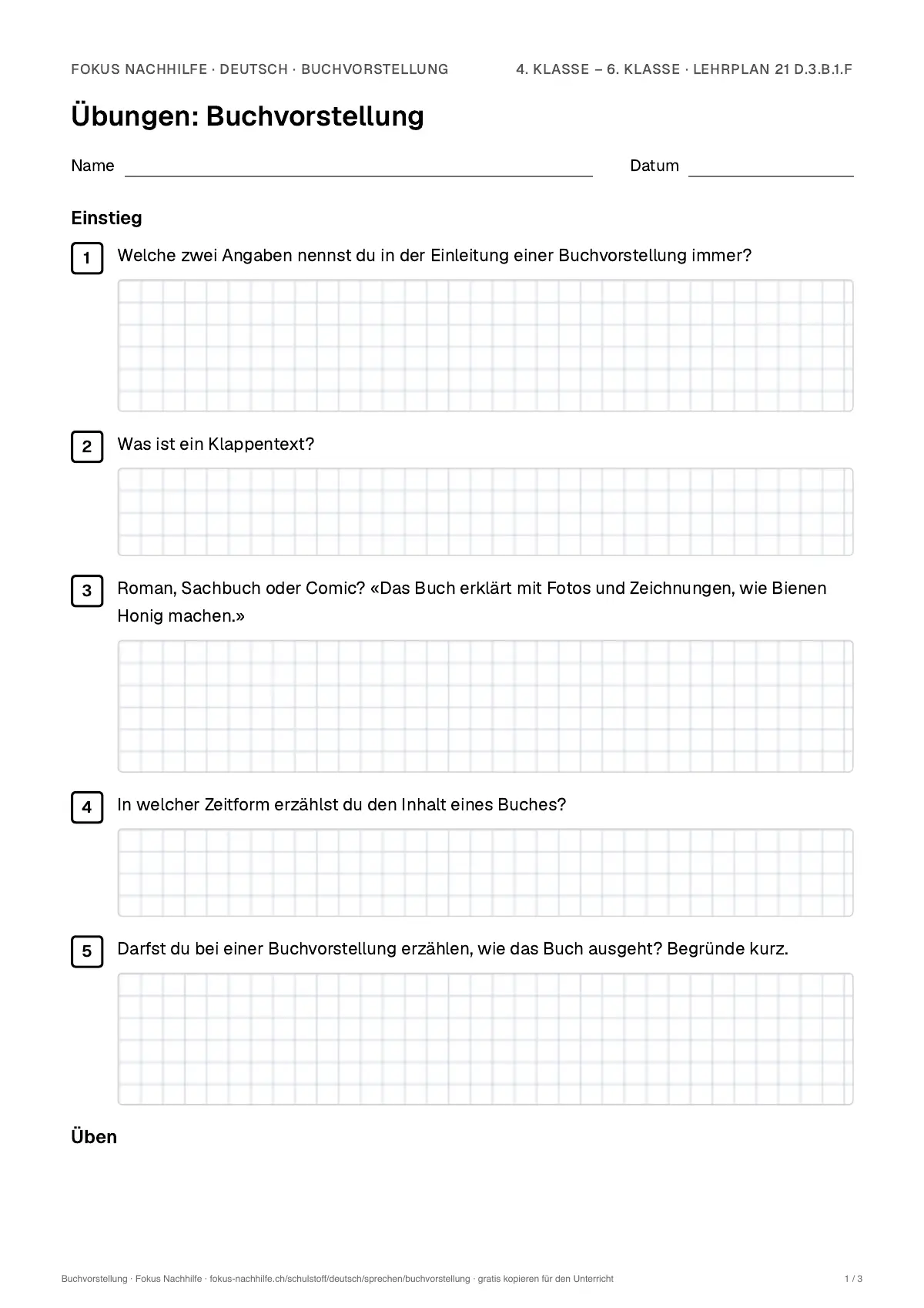 Übungsblatt Buchvorstellung zum Ausdrucken: erste Seite der Übungen, Lösungen auf eigenem Blatt