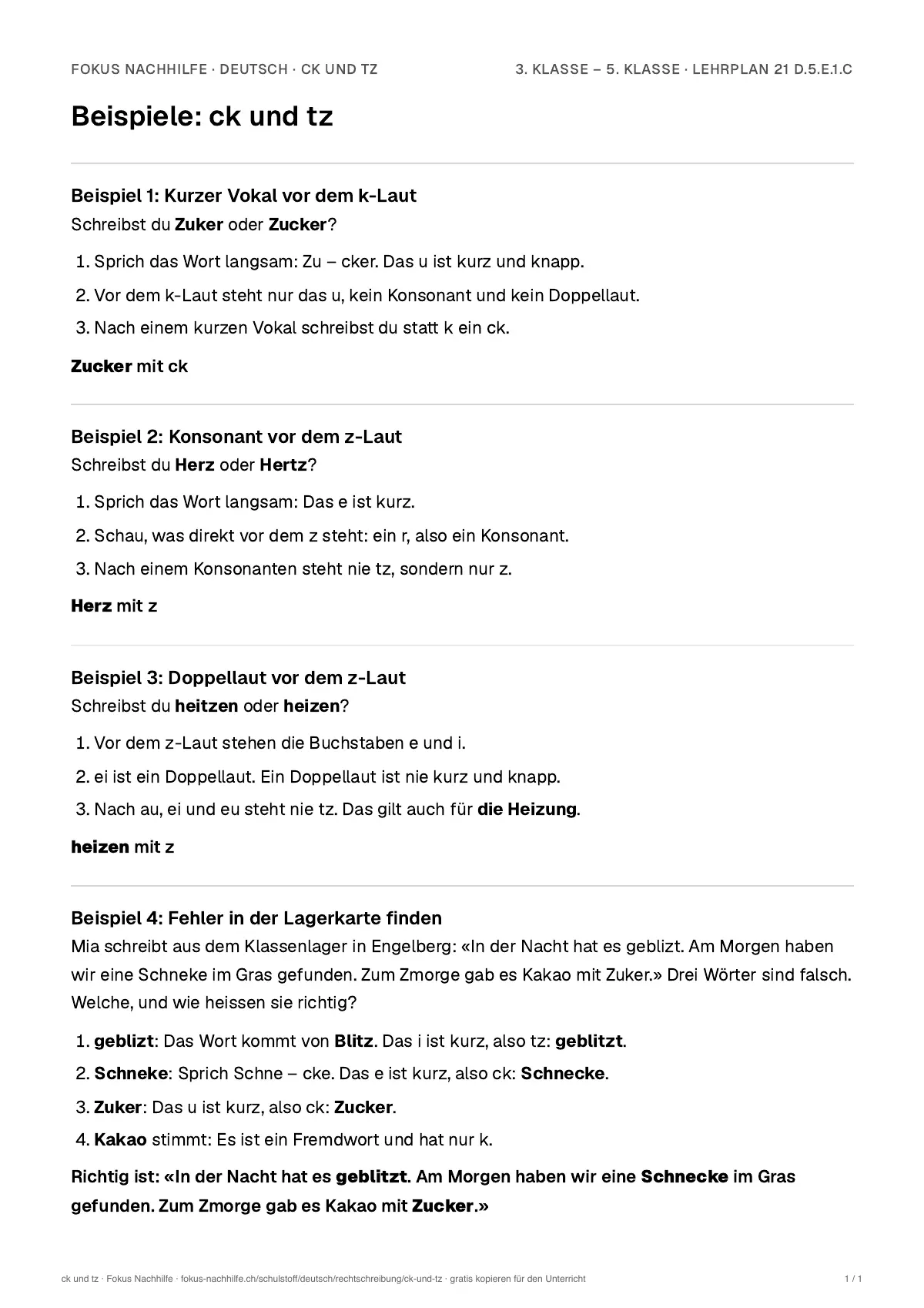 Beispiele ck und tz zum Ausdrucken: erste Seite, Aufgaben Schritt für Schritt gelöst