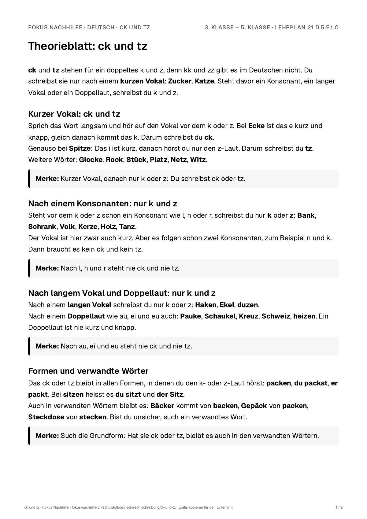 Theorieblatt ck und tz zum Ausdrucken: erste Seite der Erklärung