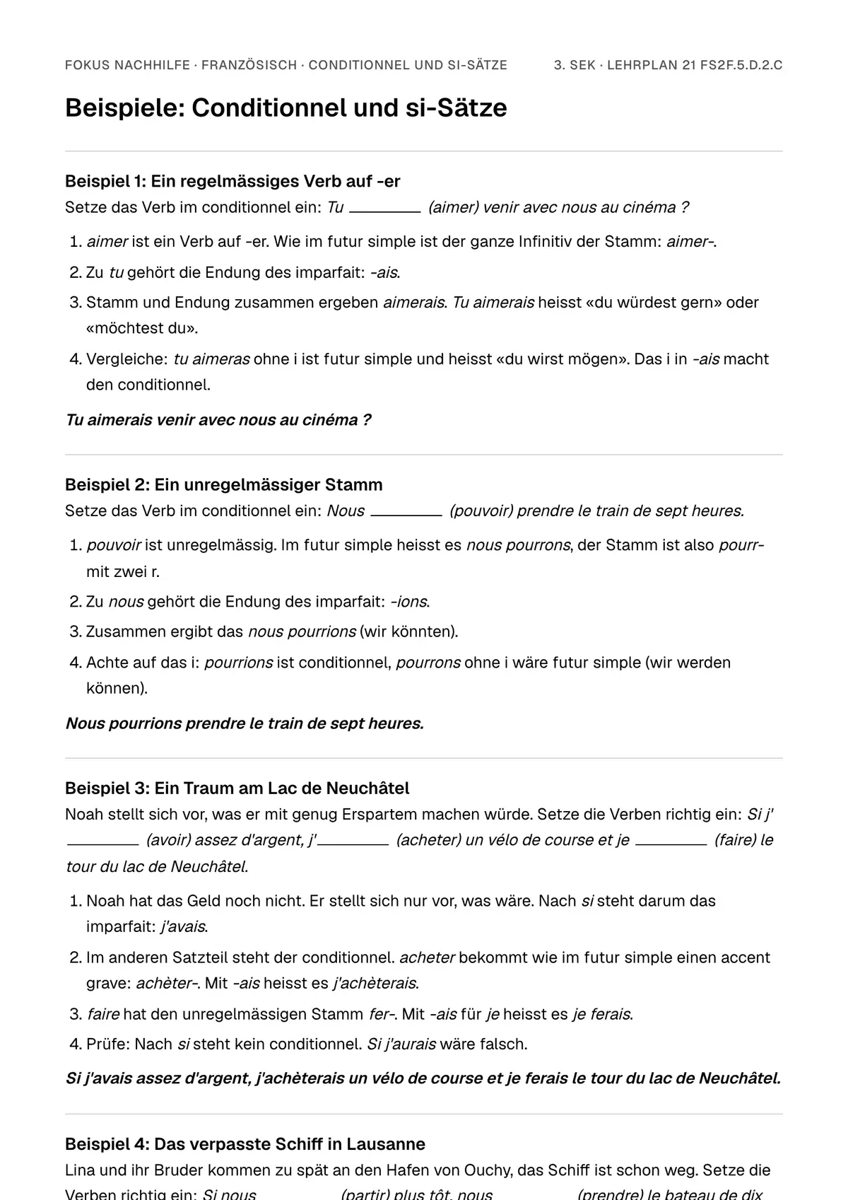 Beispiele Conditionnel und si-Sätze zum Ausdrucken: erste Seite, Aufgaben Schritt für Schritt gelöst