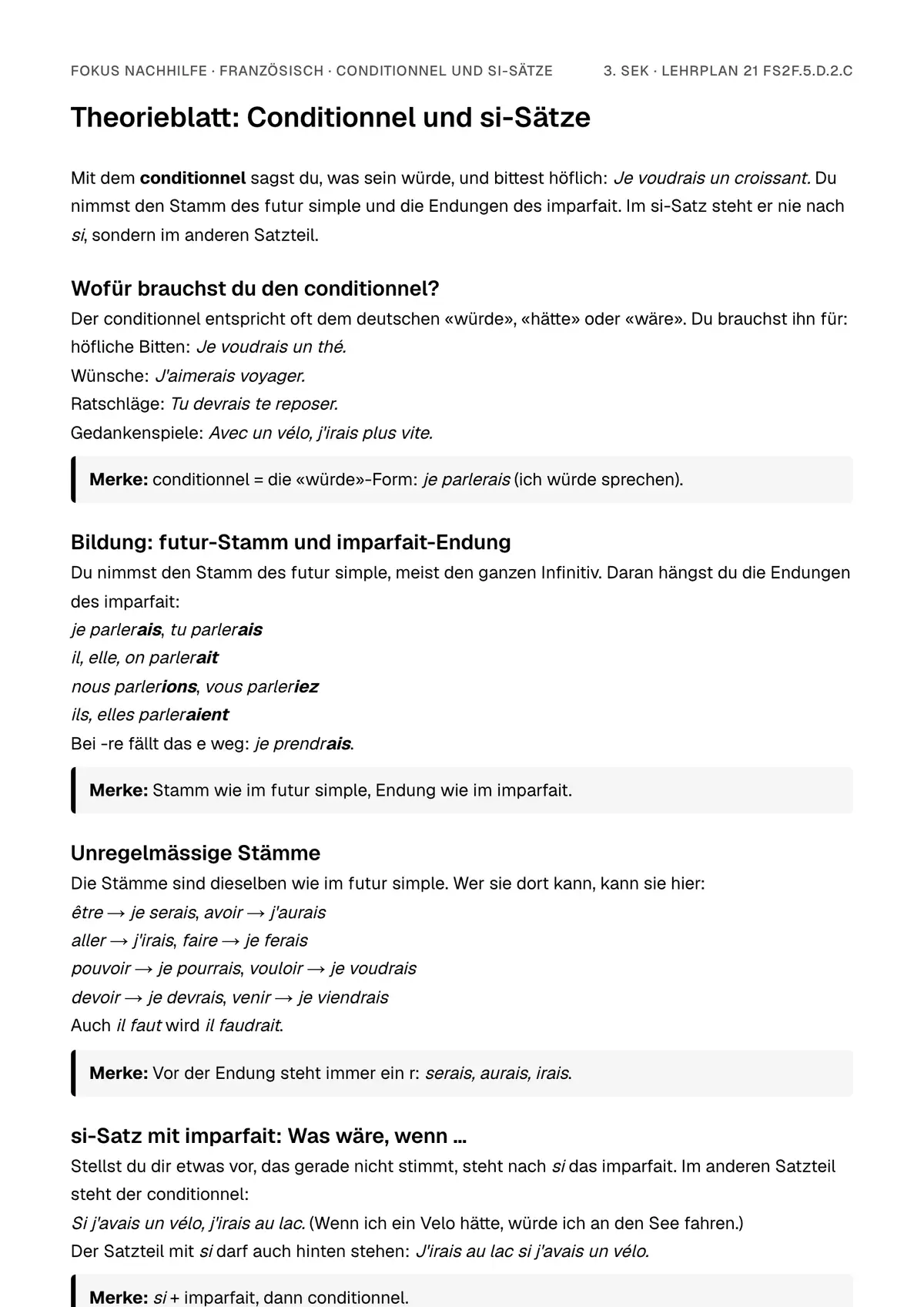 Theorieblatt Conditionnel und si-Sätze zum Ausdrucken: erste Seite der Erklärung