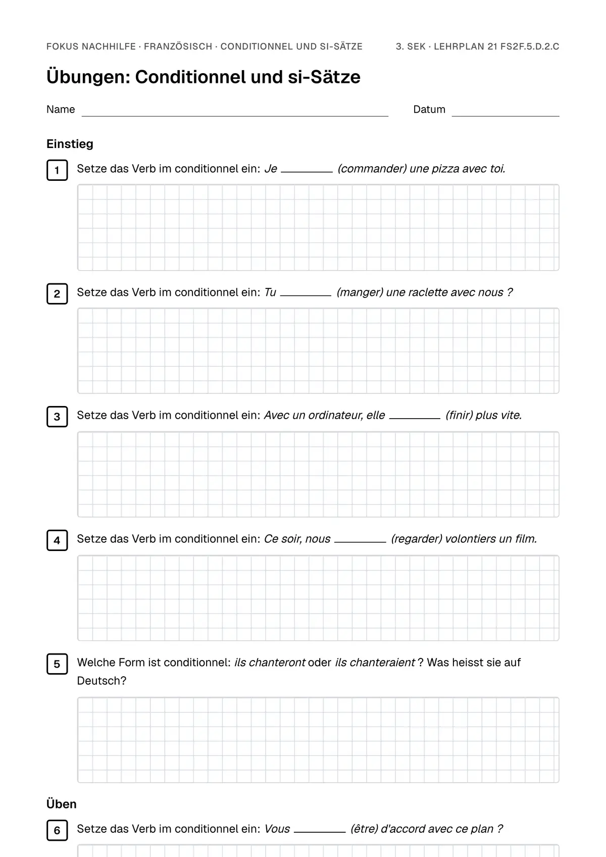 Übungsblatt Conditionnel und si-Sätze zum Ausdrucken: erste Seite der Übungen, Lösungen auf eigenem Blatt