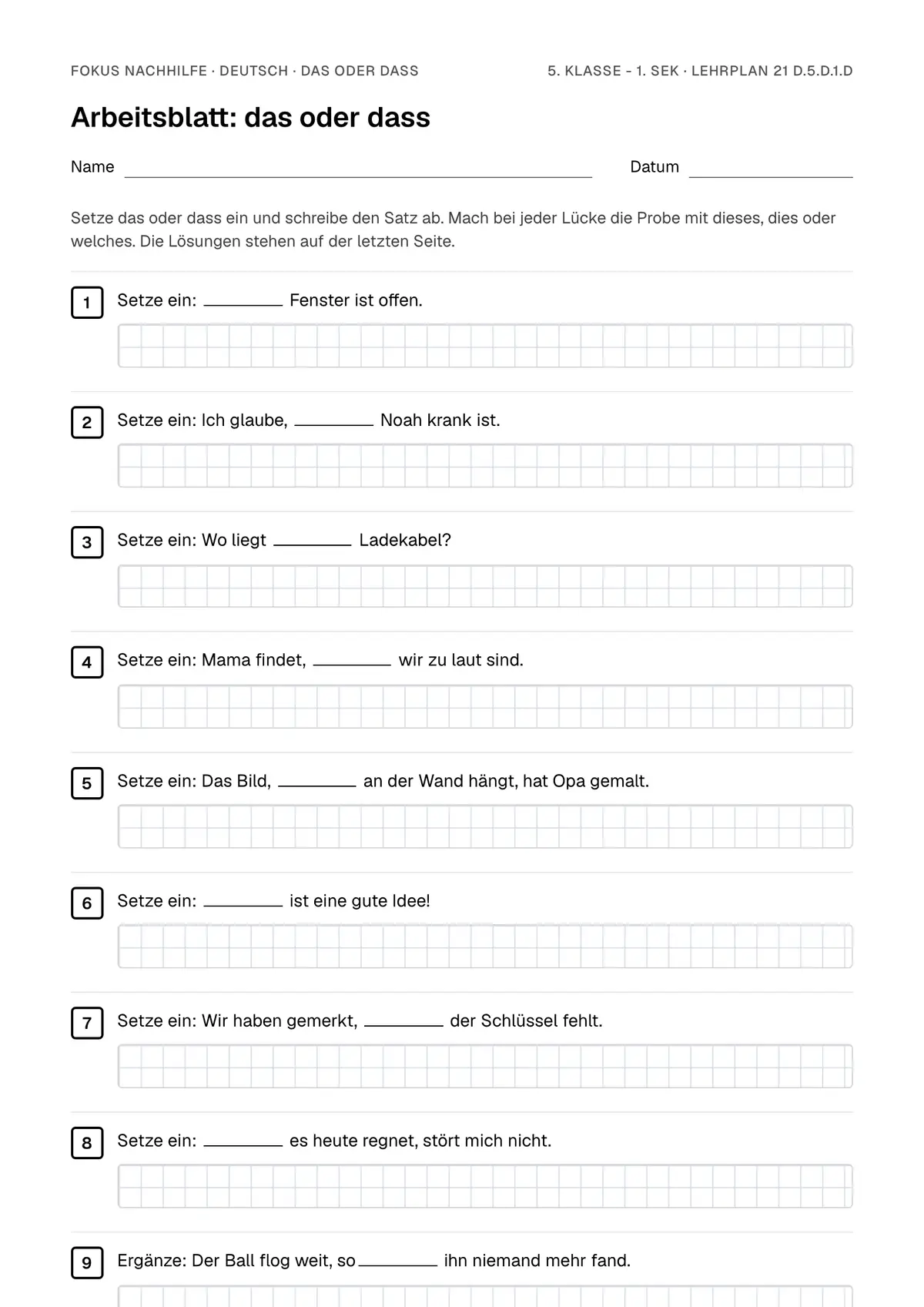 Arbeitsblatt das oder dass zum Ausfüllen mit Name und Datum: erste Seite, mit Lösungsblatt