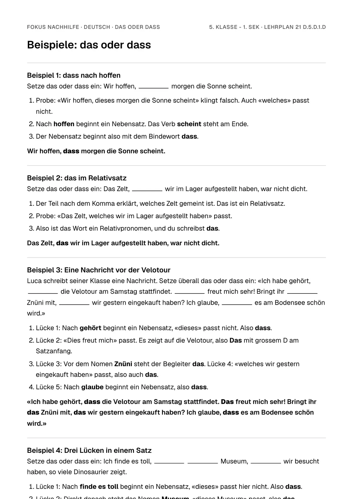 Beispiele das oder dass zum Ausdrucken: erste Seite, Aufgaben Schritt für Schritt gelöst