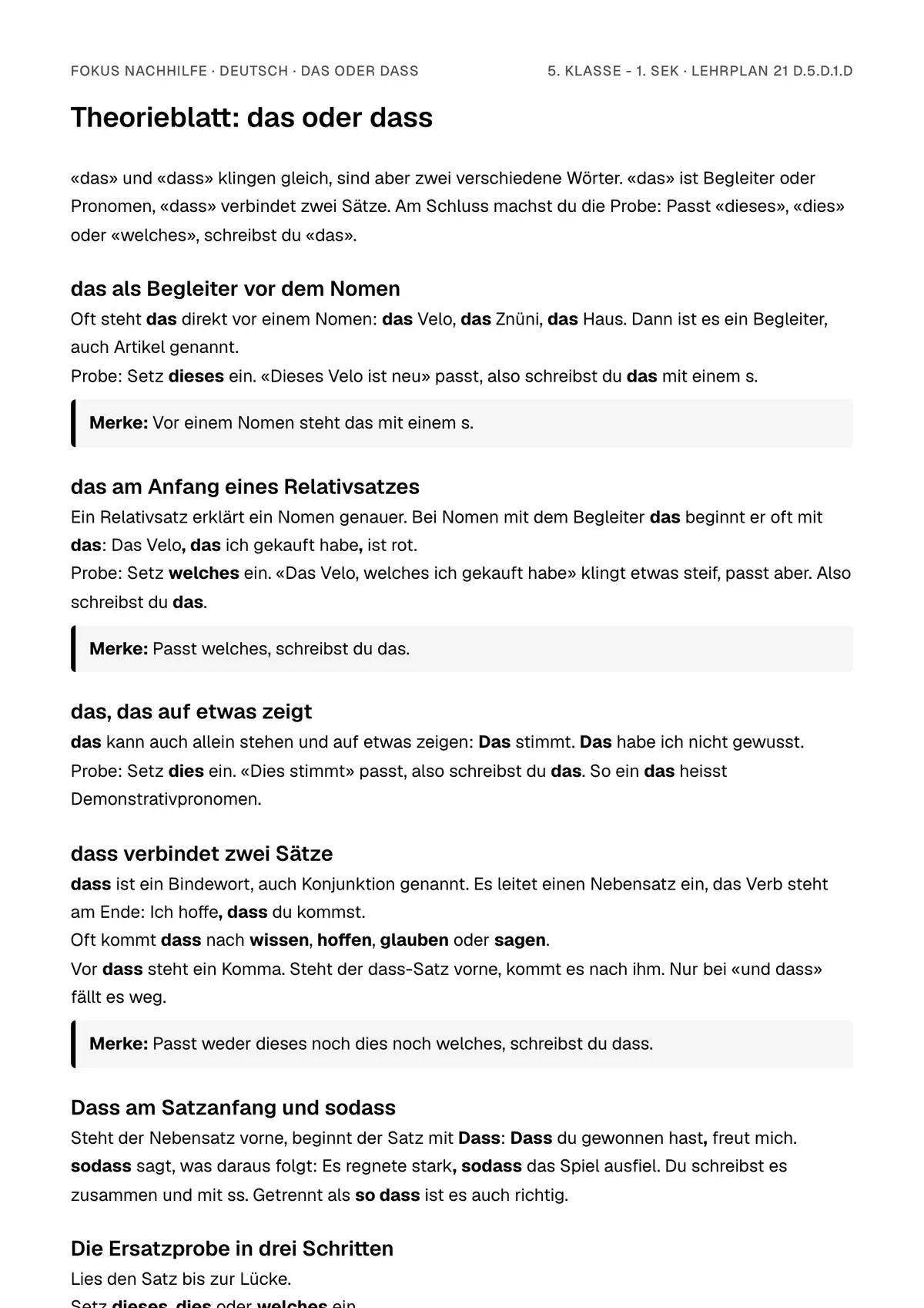 Theorieblatt das oder dass zum Ausdrucken: erste Seite der Erklärung