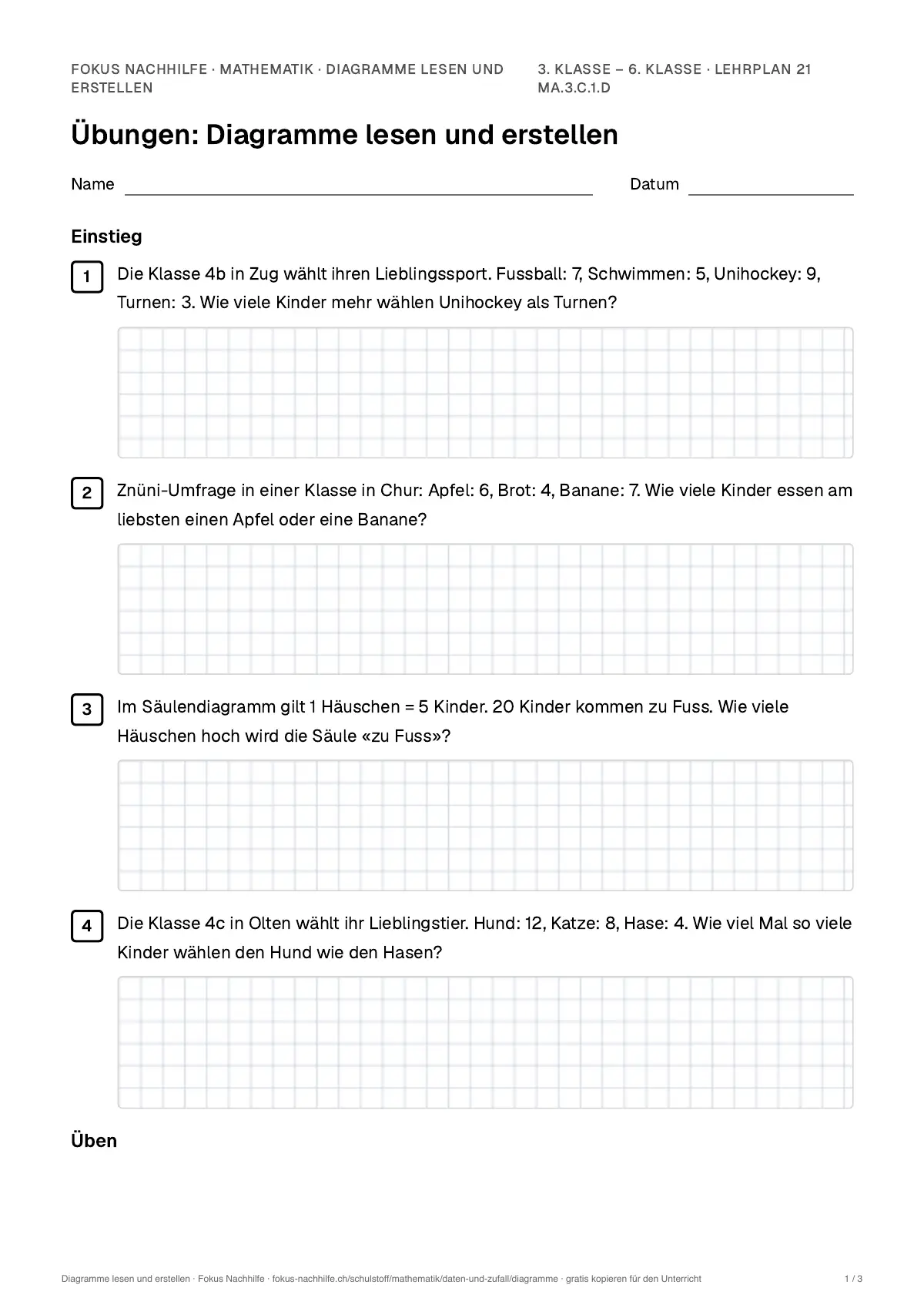 Übungsblatt Diagramme lesen und erstellen zum Ausdrucken: erste Seite der Übungen, Lösungen auf eigenem Blatt