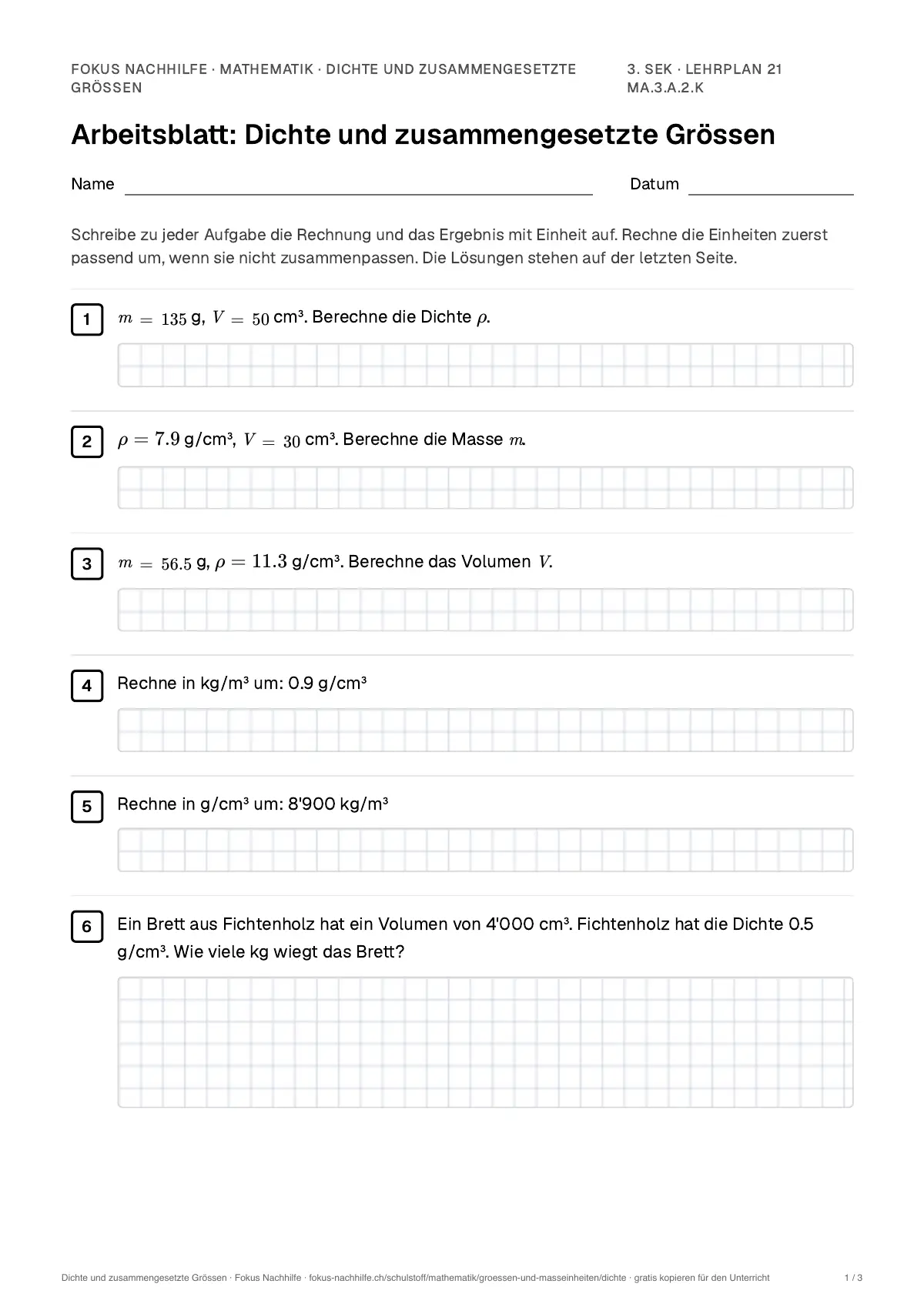 Arbeitsblatt Dichte und zusammengesetzte Grössen zum Ausfüllen mit Name und Datum: erste Seite, mit Lösungsblatt