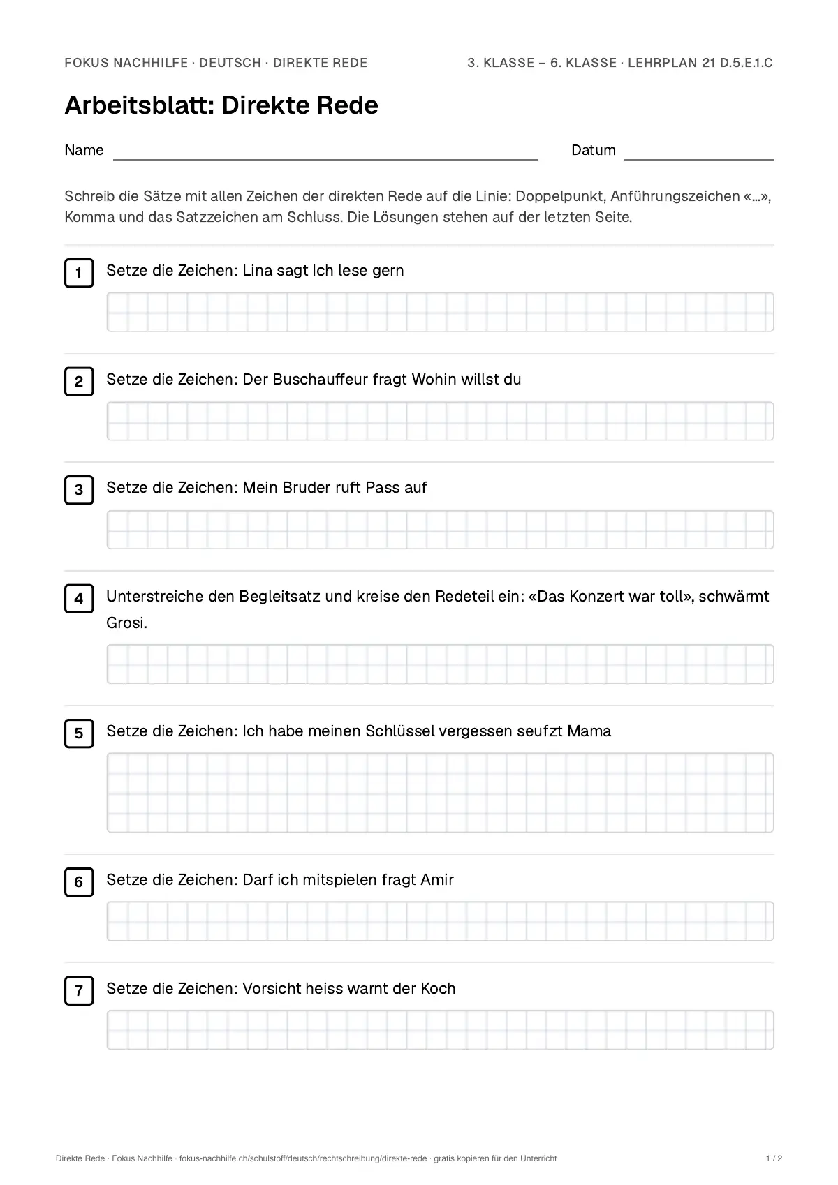 Arbeitsblatt Direkte Rede zum Ausfüllen mit Name und Datum: erste Seite, mit Lösungsblatt