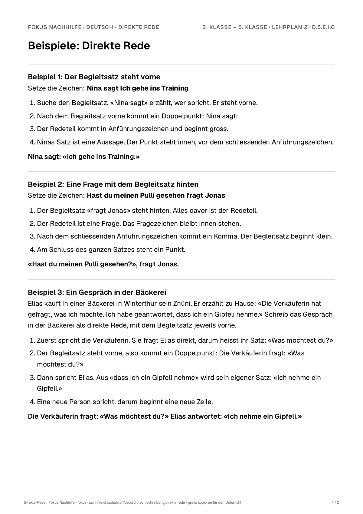 Beispiele Direkte Rede zum Ausdrucken: erste Seite, Aufgaben Schritt für Schritt gelöst