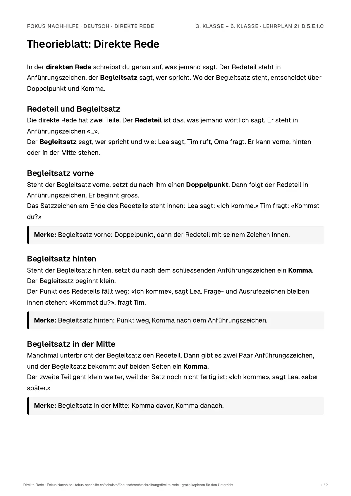Theorieblatt Direkte Rede zum Ausdrucken: erste Seite der Erklärung