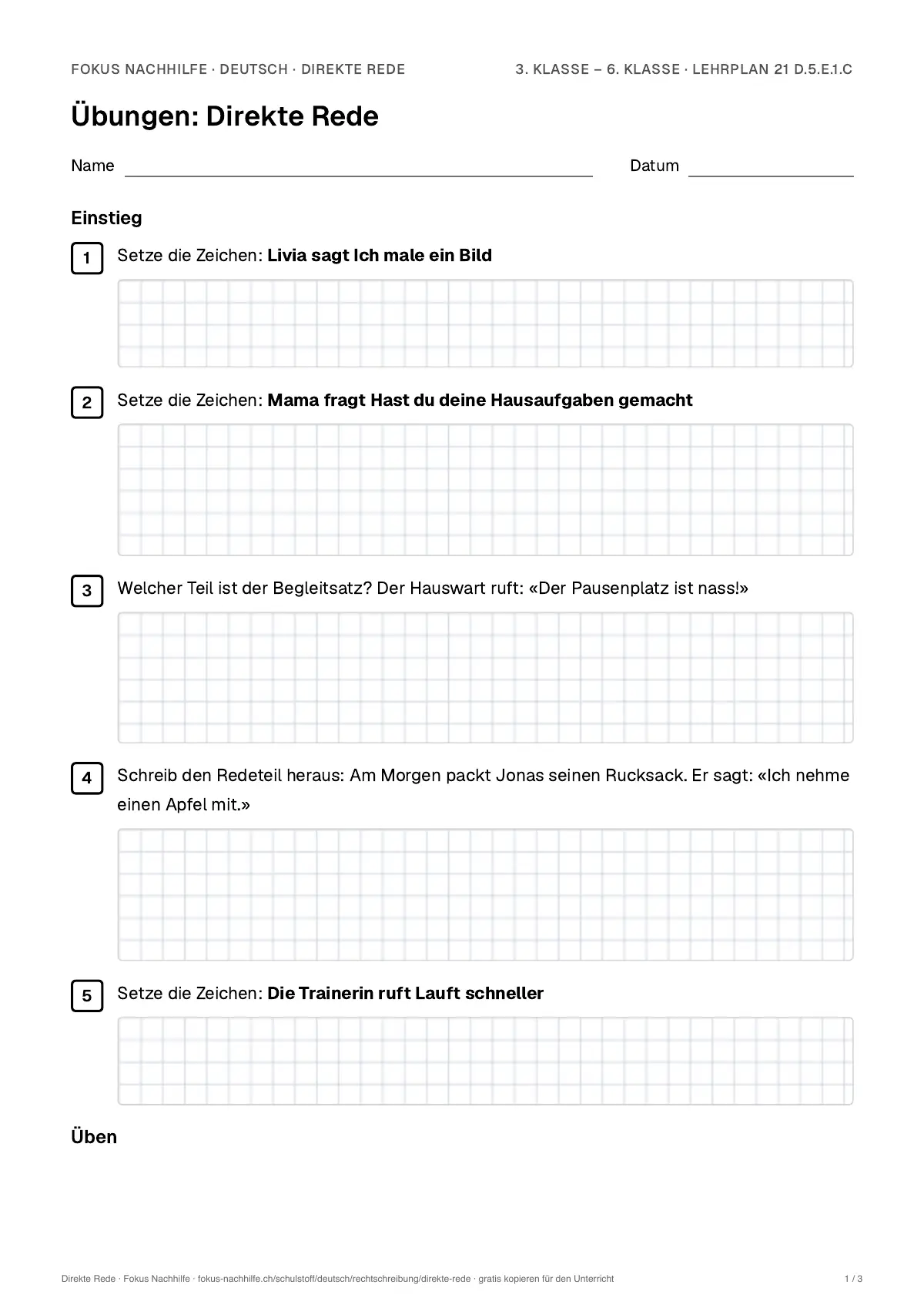 Übungsblatt Direkte Rede zum Ausdrucken: erste Seite der Übungen, Lösungen auf eigenem Blatt