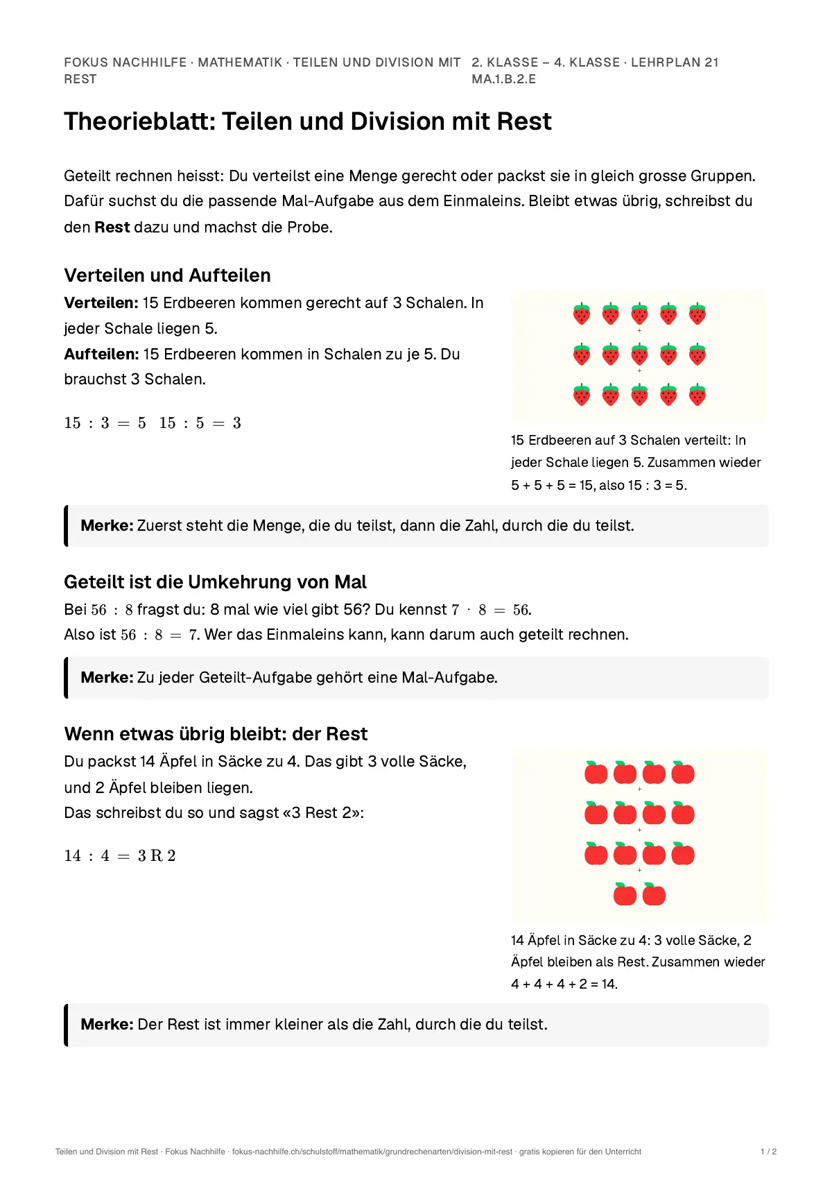 Theorieblatt Teilen und Division mit Rest zum Ausdrucken: erste Seite der Erklärung