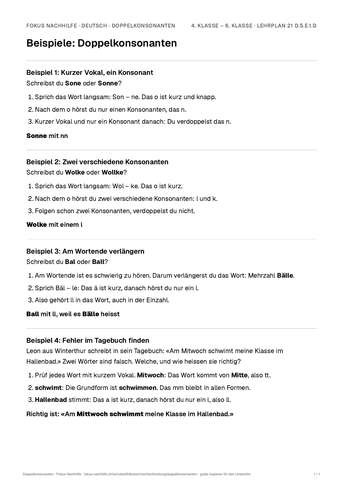Beispiele Doppelkonsonanten zum Ausdrucken: erste Seite, Aufgaben Schritt für Schritt gelöst