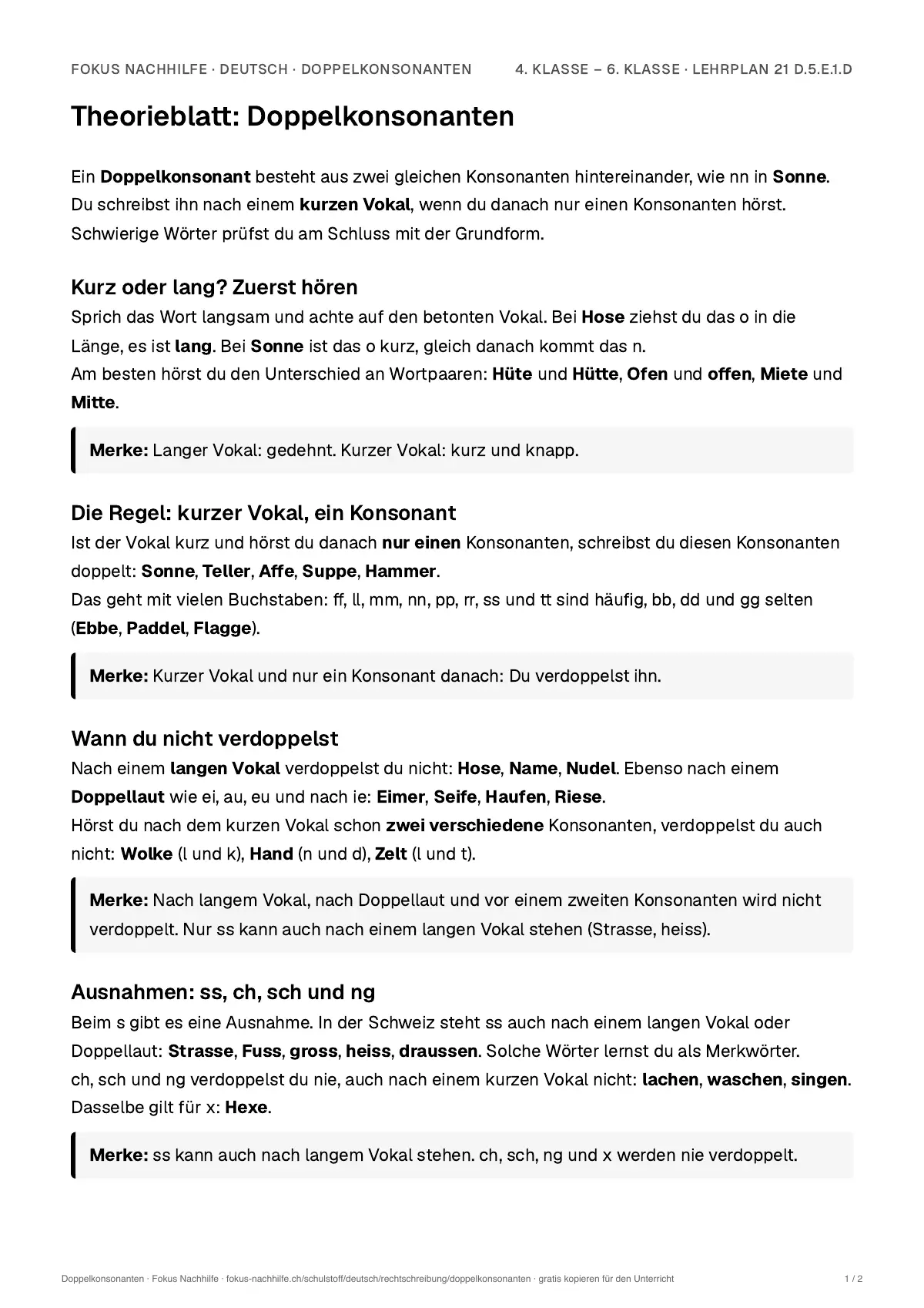 Theorieblatt Doppelkonsonanten zum Ausdrucken: erste Seite der Erklärung