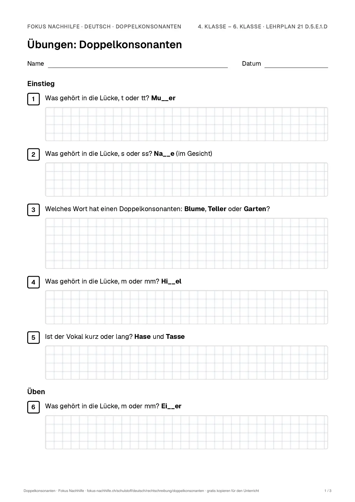 Übungsblatt Doppelkonsonanten zum Ausdrucken: erste Seite der Übungen, Lösungen auf eigenem Blatt