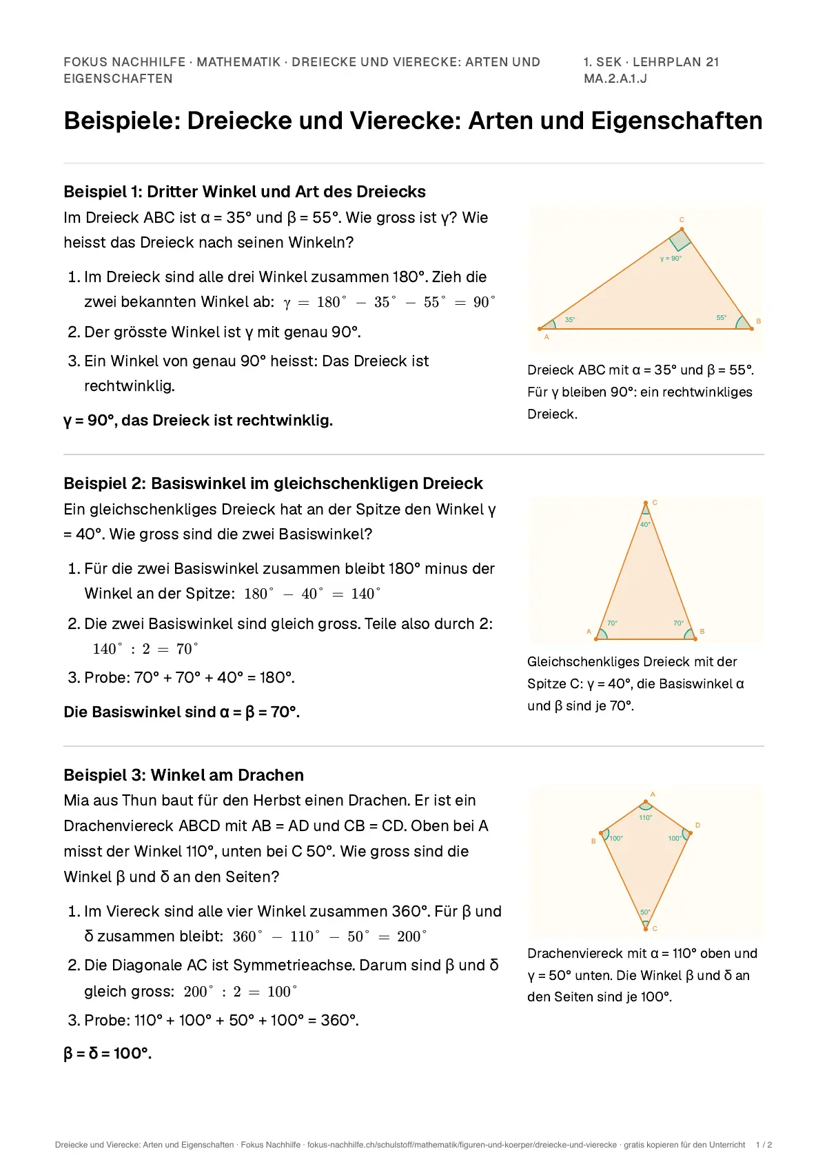 Beispiele Dreiecke und Vierecke: Arten und Eigenschaften zum Ausdrucken: erste Seite, Aufgaben Schritt für Schritt gelöst
