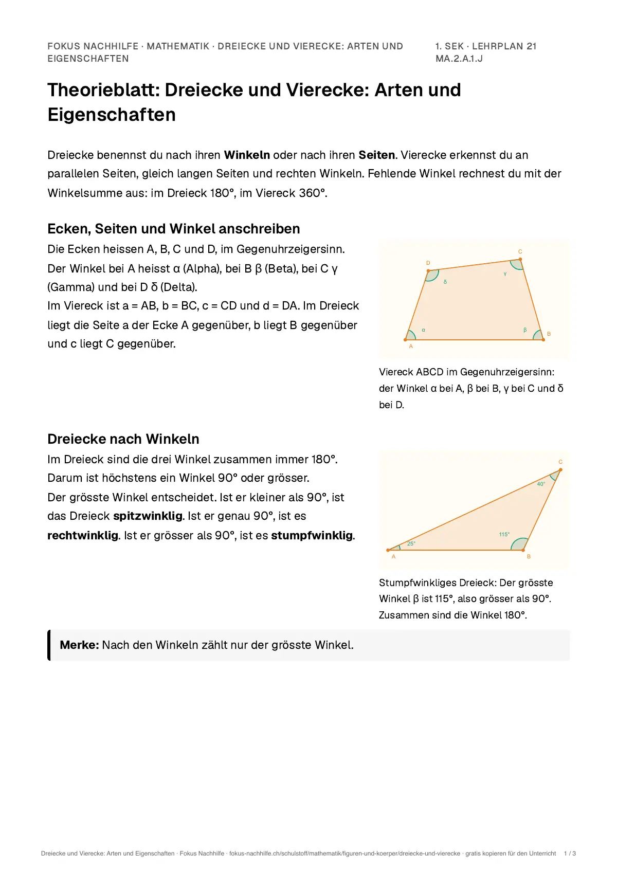 Theorieblatt Dreiecke und Vierecke: Arten und Eigenschaften zum Ausdrucken: erste Seite der Erklärung